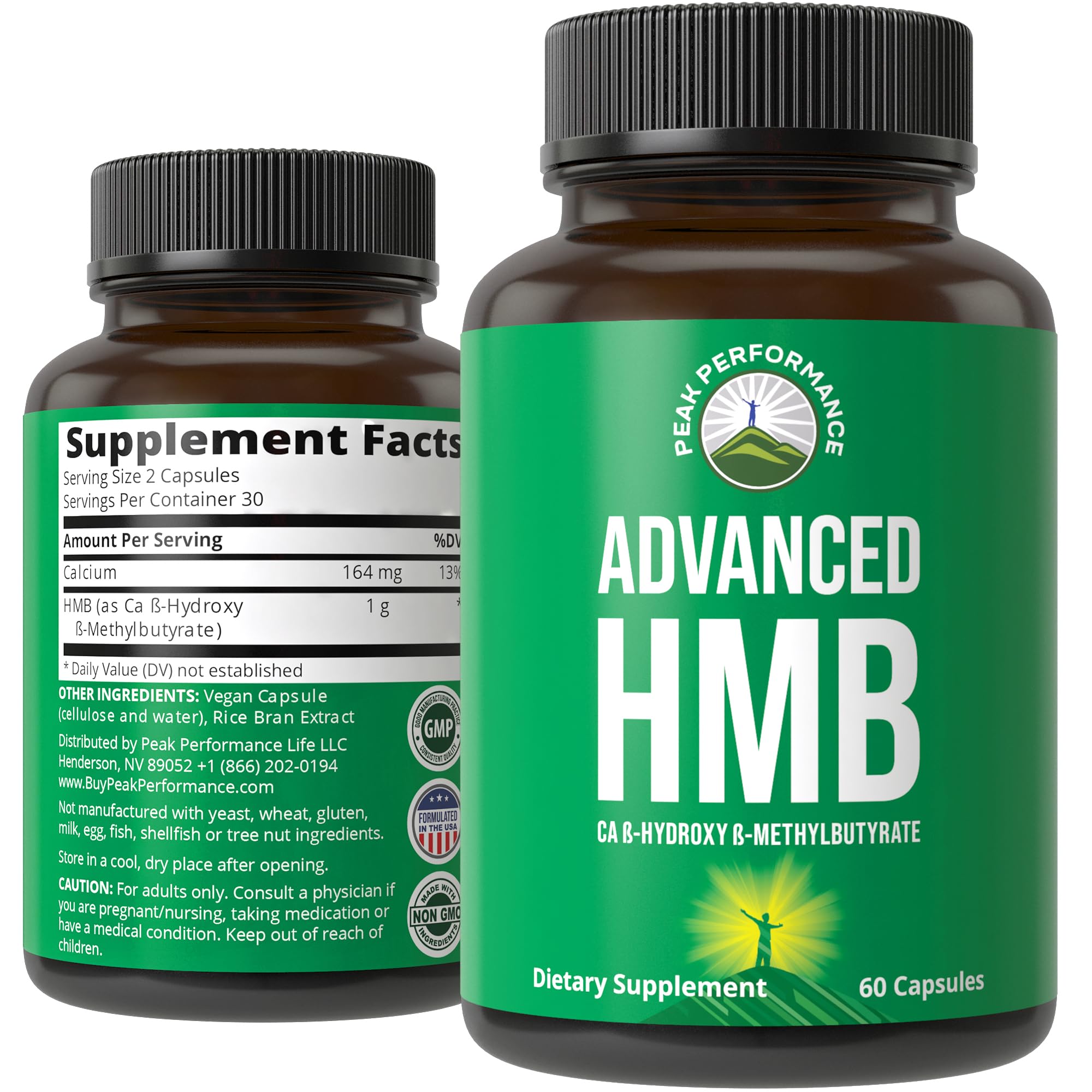 Peak Performance Advanced HMB Supplement. 1000mg of Pure HMB Per Serving | Calcium Beta-Hydroxy Beta-Methylbutyrate - Muscle Building, Strength, Recovery & Lean Mass for Men & Women - 60 Capsules