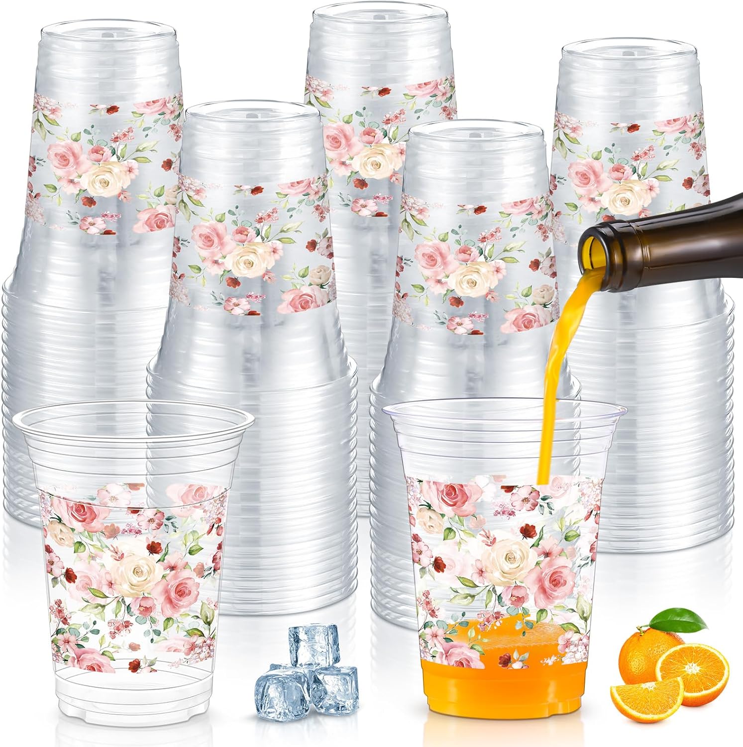 Jinei 60 Pcs Floral Plastic Cups 16 oz Spring Wedding Flower Cups Bulk Disposable Wildflower Drinking Favors for Wedding Baby Shower Birthday Floral Tea Party Supplies
