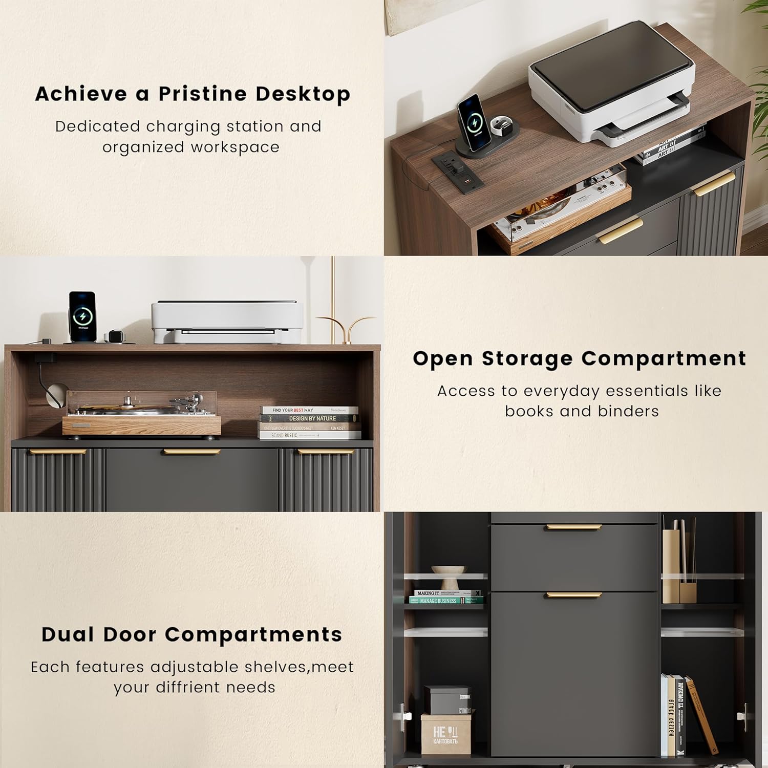 Fluted Storage Cabinet with 3 Drawers, 37" Small Modular Sideboard Buffet with Adjustable Shelf, Mobile Vertical Cart with Locable Wheels, Entryway, Living, Home Office, Black Walnut