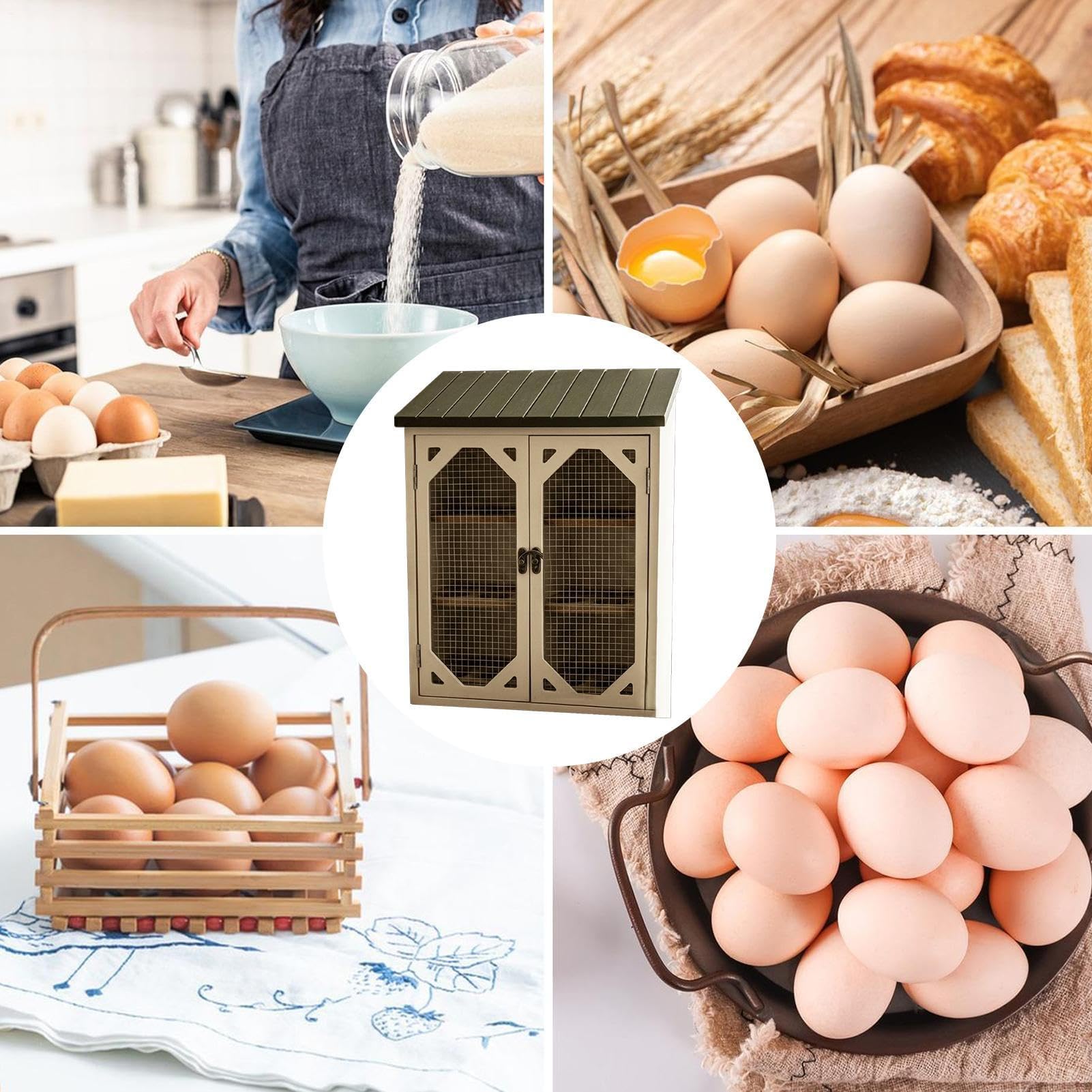 Caja de almacenamiento para huevos, armario de malla de alambre de doble puerta con compartimento, organizador de cocina de madera rústica, accesorio de granja para despensa y cabina