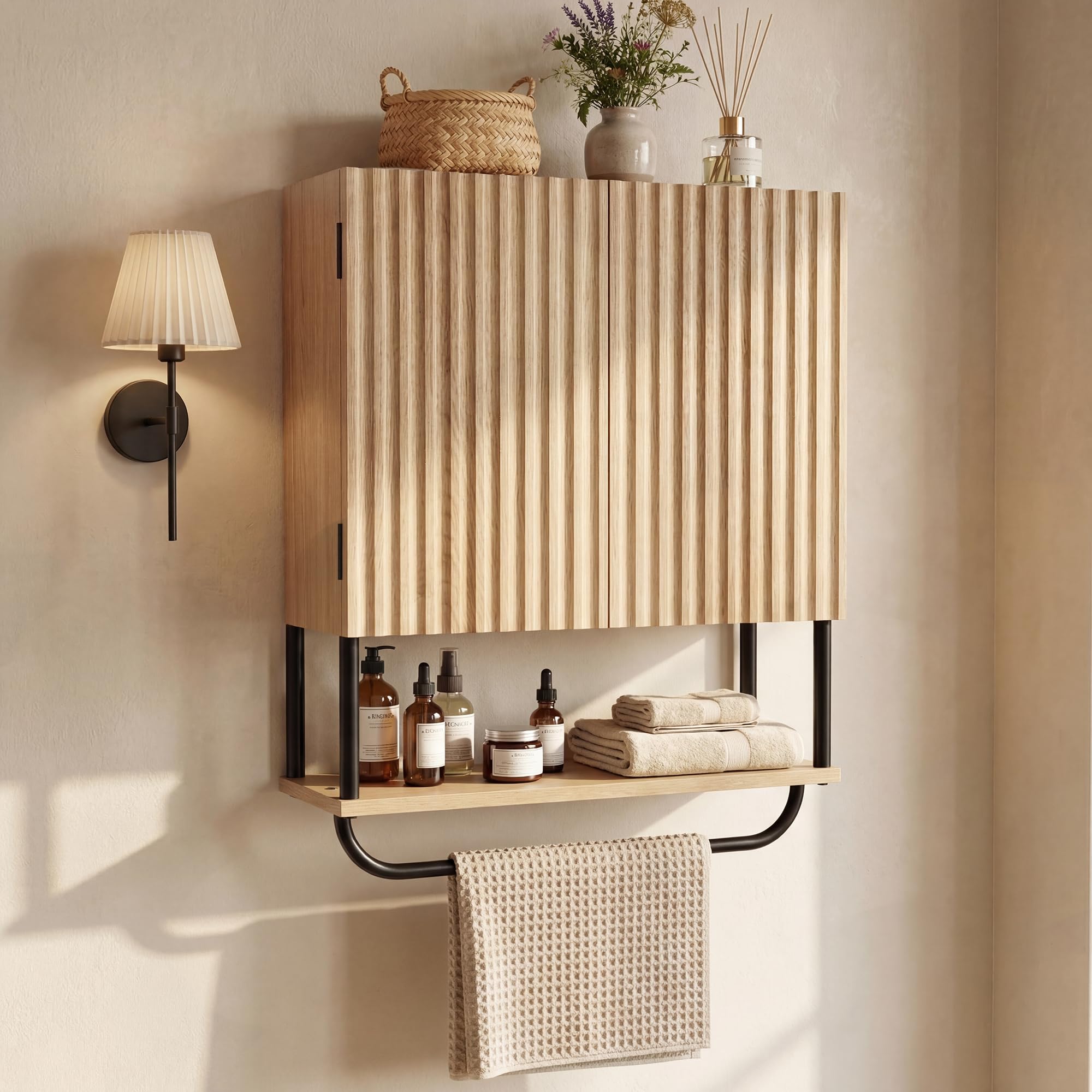 Photo 1 of FerniTry Modern Fluted Bathroom Wall Cabinet,3-Tier Curved Profile Wooden Medicine Cabinet with 2 Doors,Over the Toilet Storage Cabinet Wall Mounted with Adjustable Shelf and Towel Bar(Oak, Small)