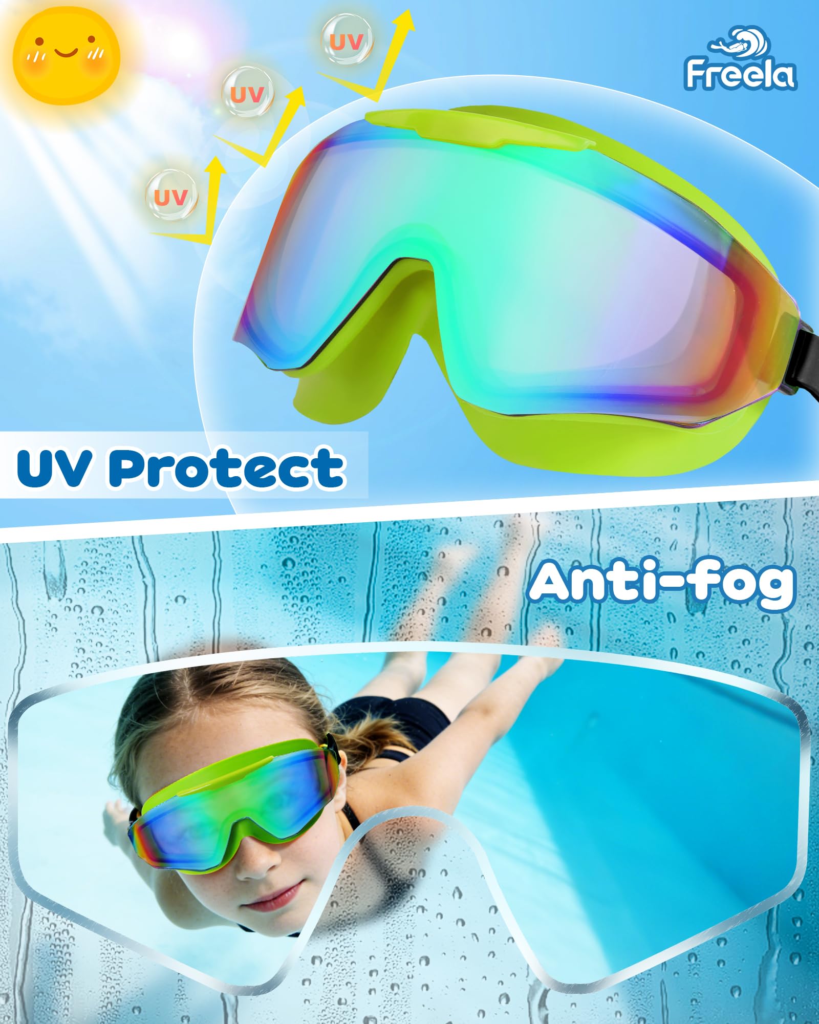 Freela Paquete de 2 gafas de natación para niños de 8 a 16 años, protección UV antivaho, capa extra de silicona, gafas de natación para niños y niñas