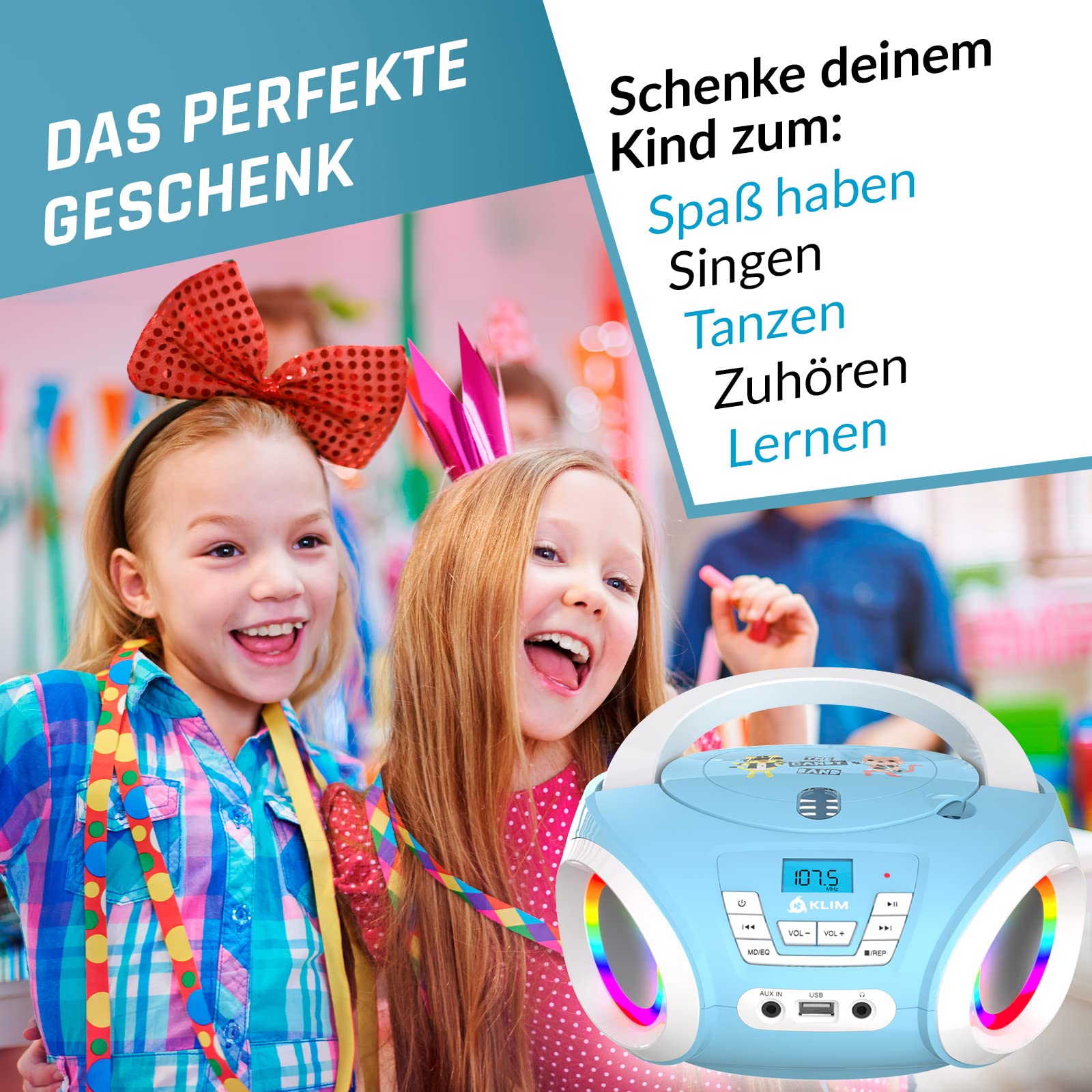 KLIM Candy Kinder Boombox CD-Player NEU - UKW-Radio - Inklusive Batterien - Blau - CD Spieler mit Lautsprechern - Perfekt für Kinder und Kleinkinder