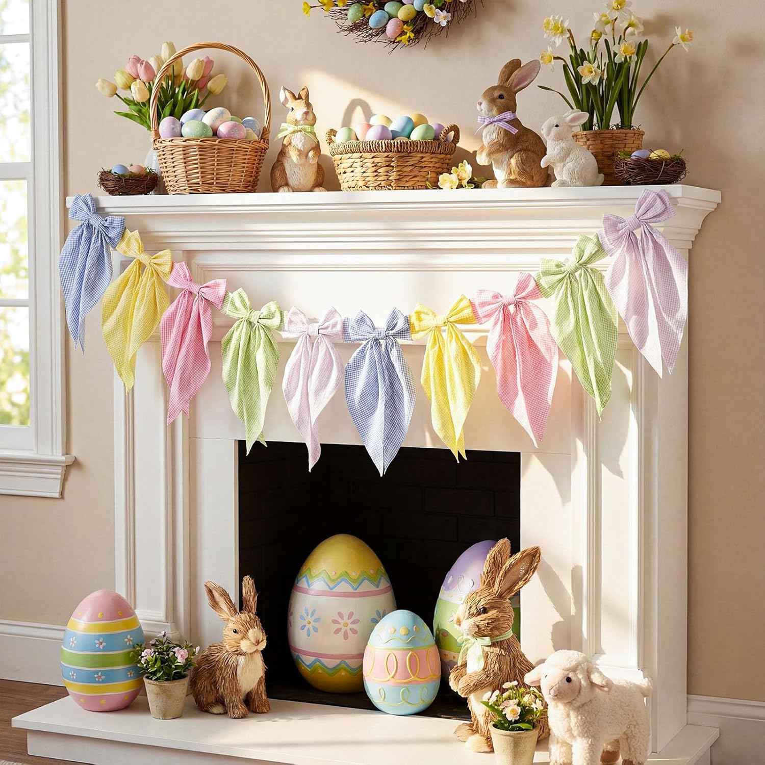 Newwiee Plaid Pastel Bow Garland Banner - Satin Ribbon Hanging Party Bow Garland Decor for Birthday, Baby Shower & Wedding