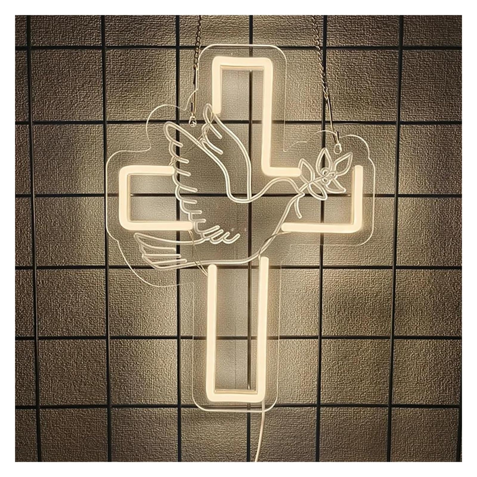 BYNGQW Hanging Art Neon Signs Peace Dove Jesus Cross Neon Sign LED Light for Easter Party Church Room Bedroom Living Room Wall Decor 24.5cmx33.5cm
