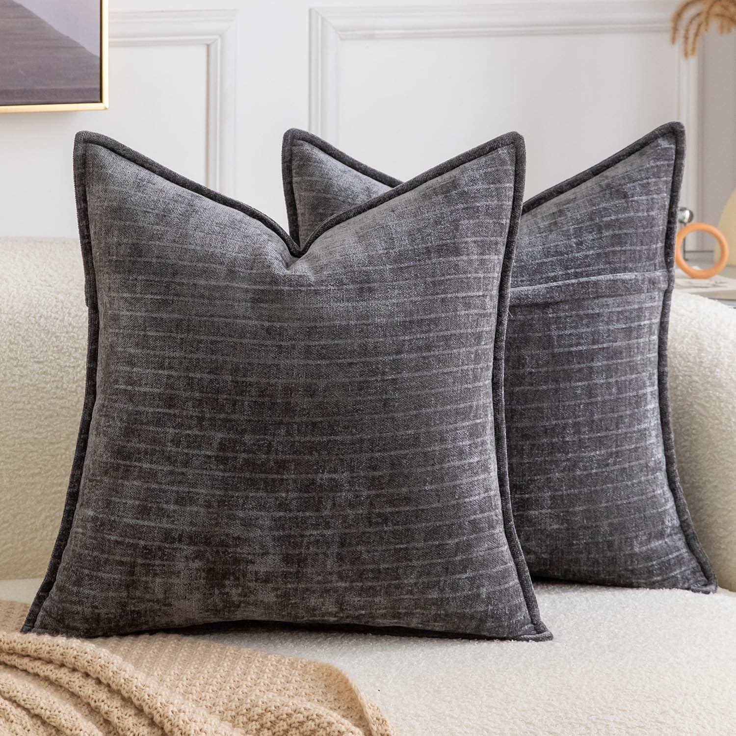Madizz Pack of 2 Decorative Striped Cushion Covers Vintage Boho Soft Chenille Throw Pillows Luxurious Pillow Cases for Couch Sofa Bedroom Living Room 45x45 CM, Dark Grey โ image 1