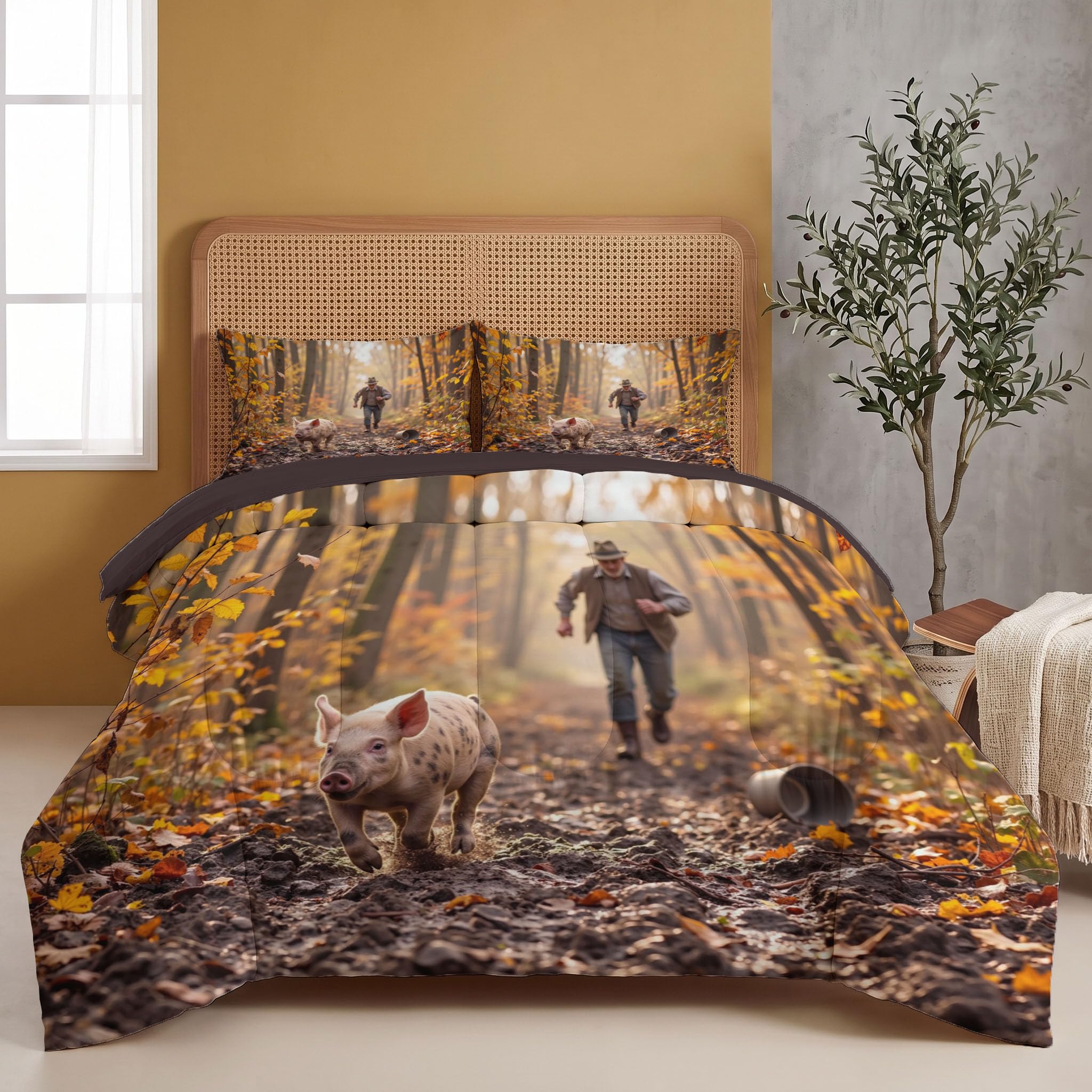 Orange Bettdecke 264X240 cm 4 Jahreszeiten, Waldfotografie Wende Steppdecke Waschbare | Herbstliche Charaktere Schwein Bettdecke Ohne Bezug, Schlafdecke Leicht Weiche Ganzjahresdecke