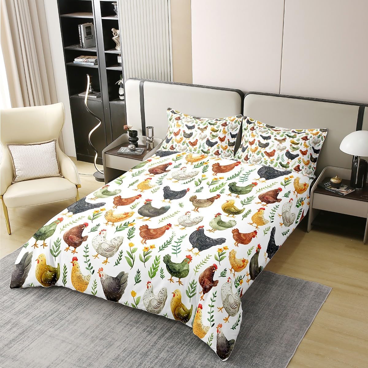 Erosebridal Chicken Girls 100% Cotton Duvet Cover Queen Size Rooster Animal Bedding Set for Kids Teens Adult Branch Country Style Comforter Cover Rustic Farmhouse Bed Set Breathable Bedroom Decor