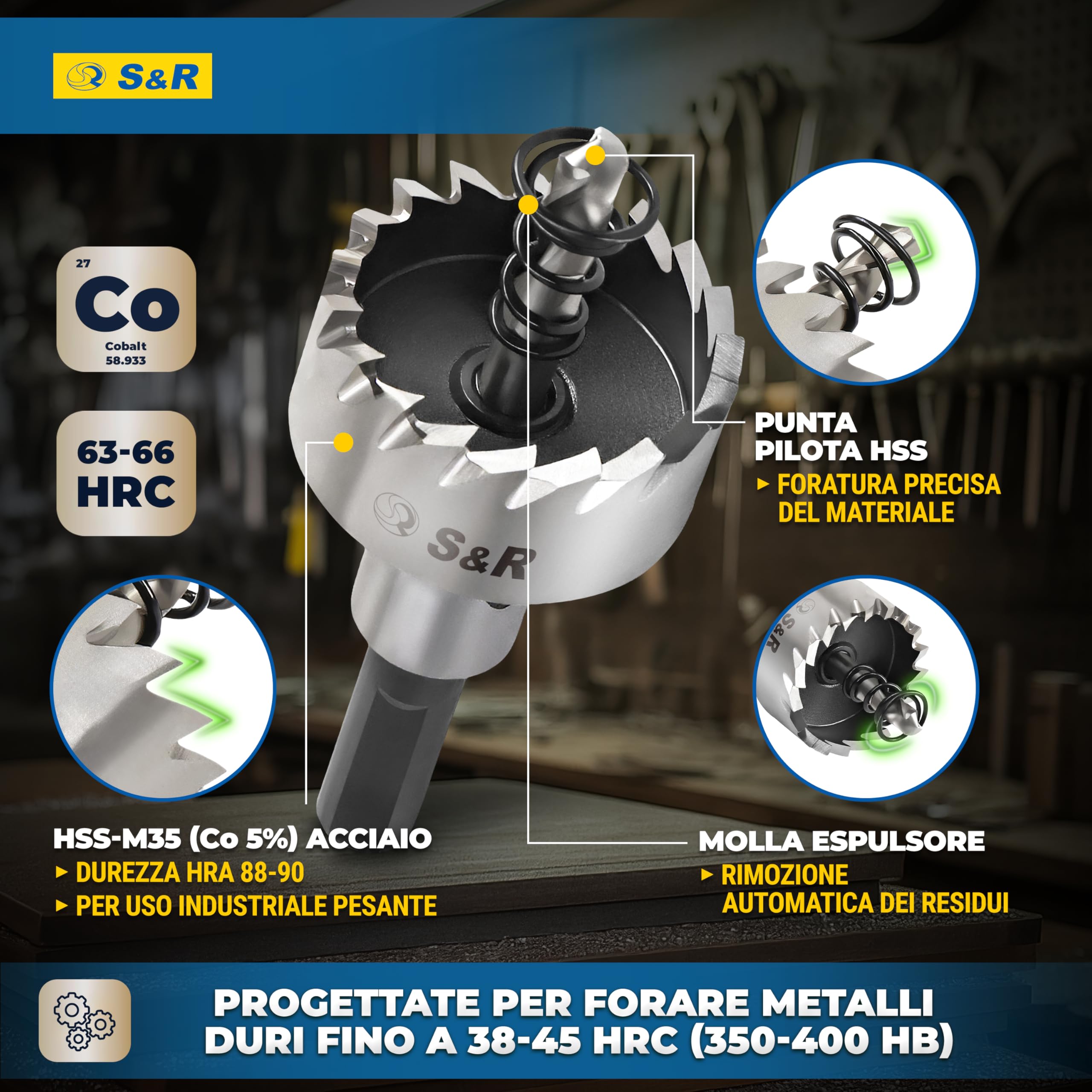 S&R Set 5 Seghe a Tazza Metallo HSS Frese in Acciaio Cobalto. Sega a tazza 16mm 18,5mm 20mm 25mm 30mm per Metallo Legno plastica. Codolo Esagonale 9,5 mm.