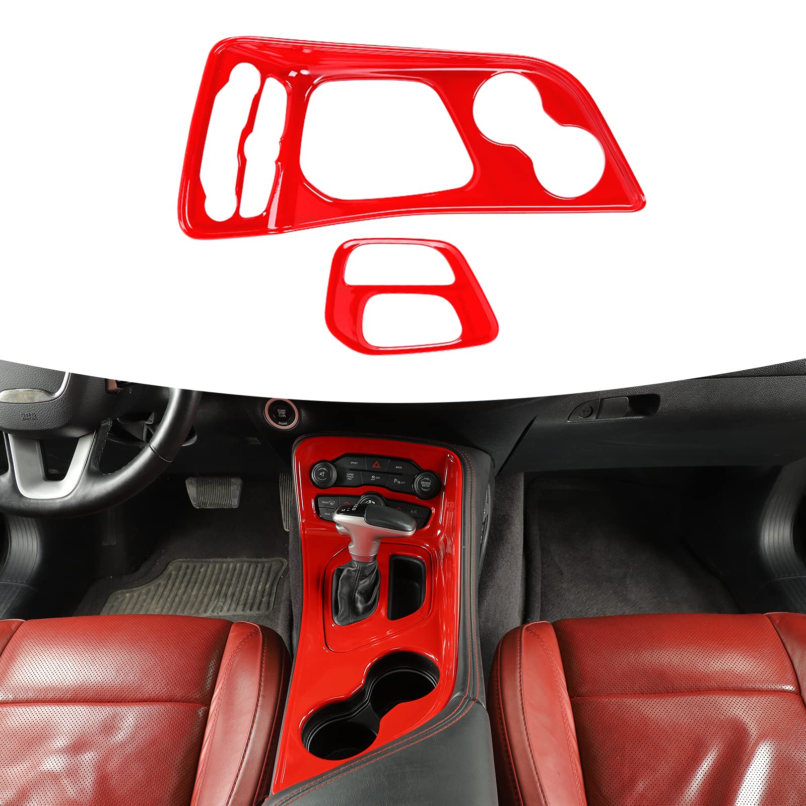 JWWY for Challenger Gear Shift Lever Shifter Transmission Gear Selector Gearstick Selector Lever Panel Trim for 2015-2024 Dodge Challenger Interior Accessories, ABS Red 2Pcs