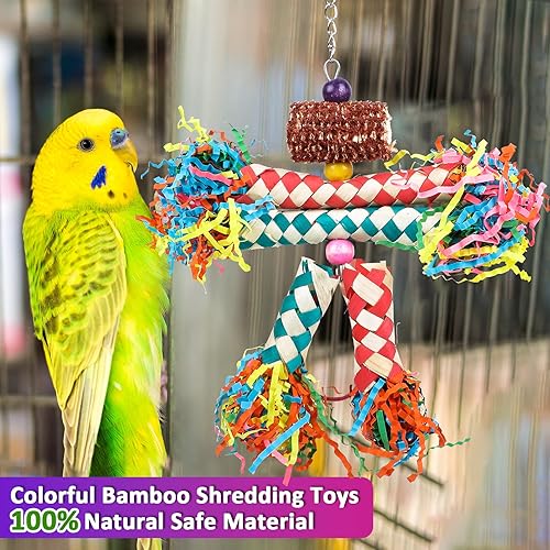 Miniatura 4 de Juguetes de trituración de pájaros, 5 piezas de loro masticar mazorca de maíz natural, coloridos juguetes de bambú para pájaros pequeños y medianos,