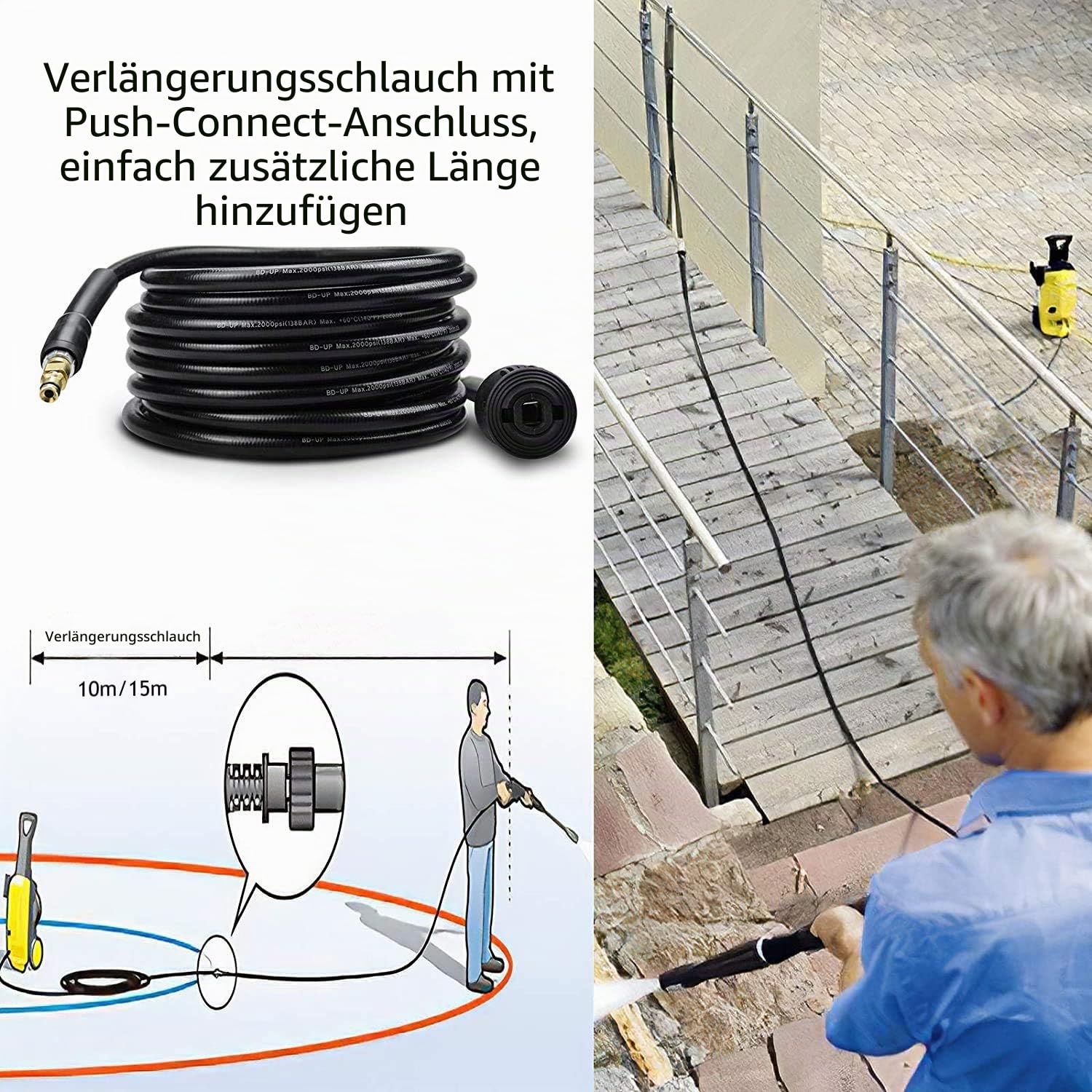 10m Hochdruckschlauch für Kärcher - Quick-Connect-Anschlüsse, Kompatibel mit Kärcher K2, K3, K4, K5, K6, K7