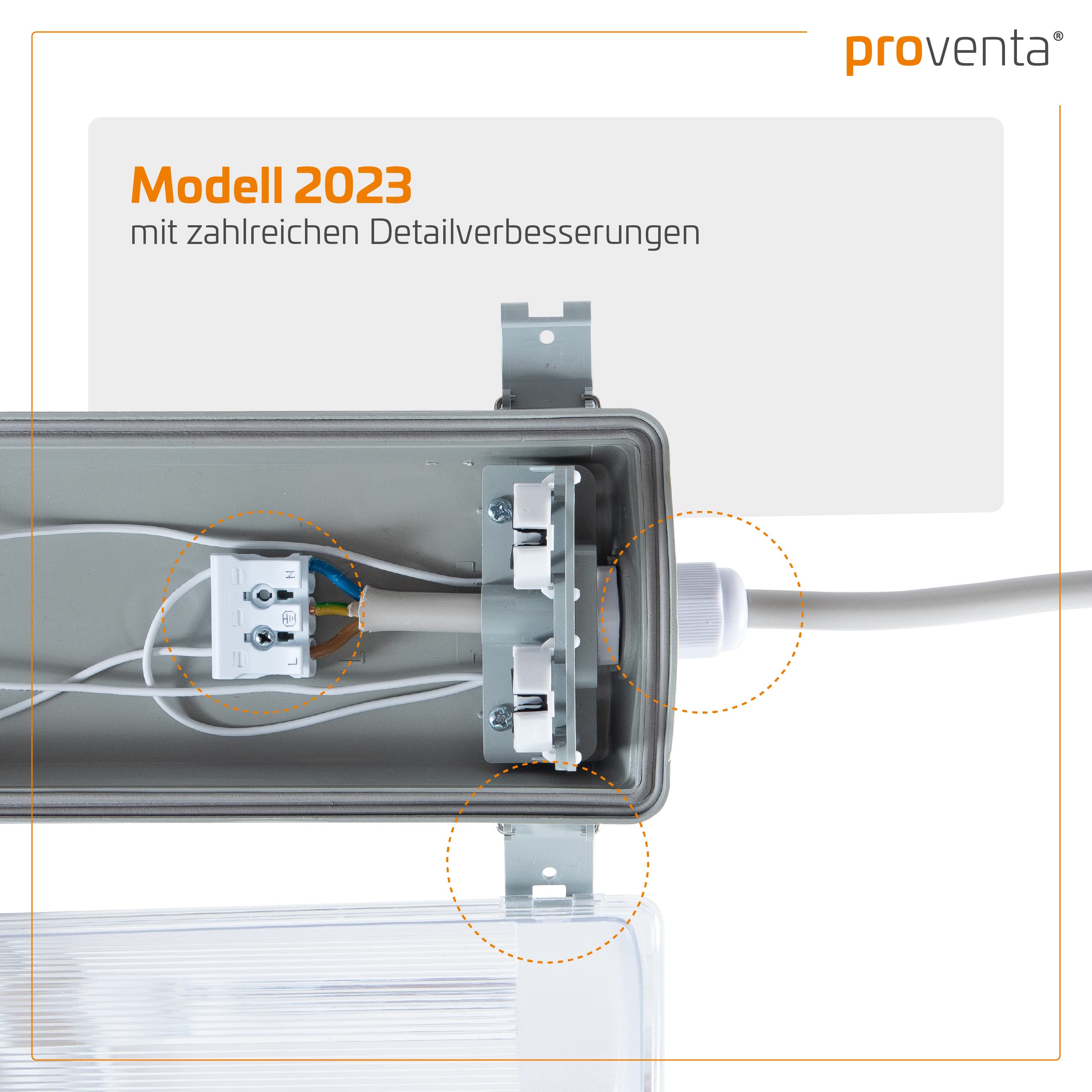 proventa IP65 LED-Feuchtraumleuchte 120cm mit 2x 18W LED-Röhre naturweiß, 4000K 4.320 Lumen Klappdeckel Steckklemme Kabeleinführung bis NYM-J 3x2,5mm² - Sparset 2x