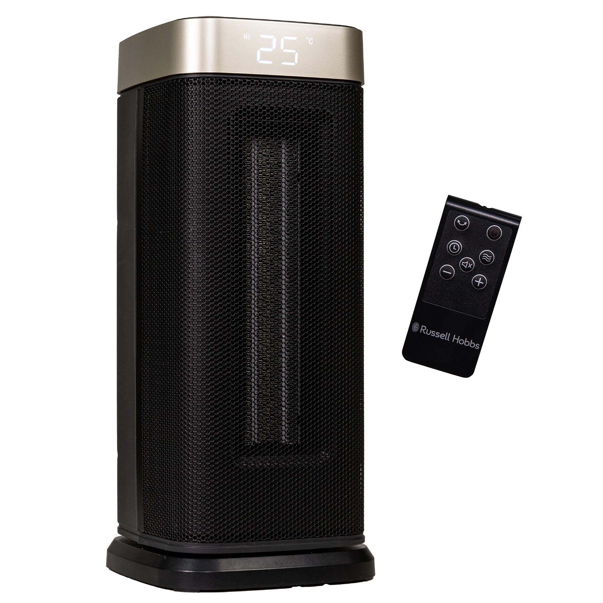 Russell Hobbs 14 Inch Space Portable Heater, 2000W Silent Oscillating Ceramic Electric Heater Black & Gold, Low Energy Digital Display, 5-Modes, 24hr Auto Timer, Overheat Protection, RHCTH2002G