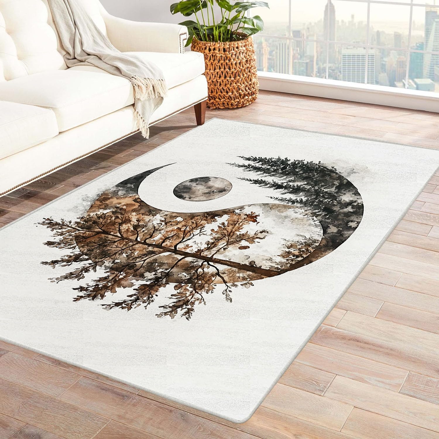 Tapis poil ras imprimé abstrait Tai Chi blanc 120x180cm pour grand salon et entrée