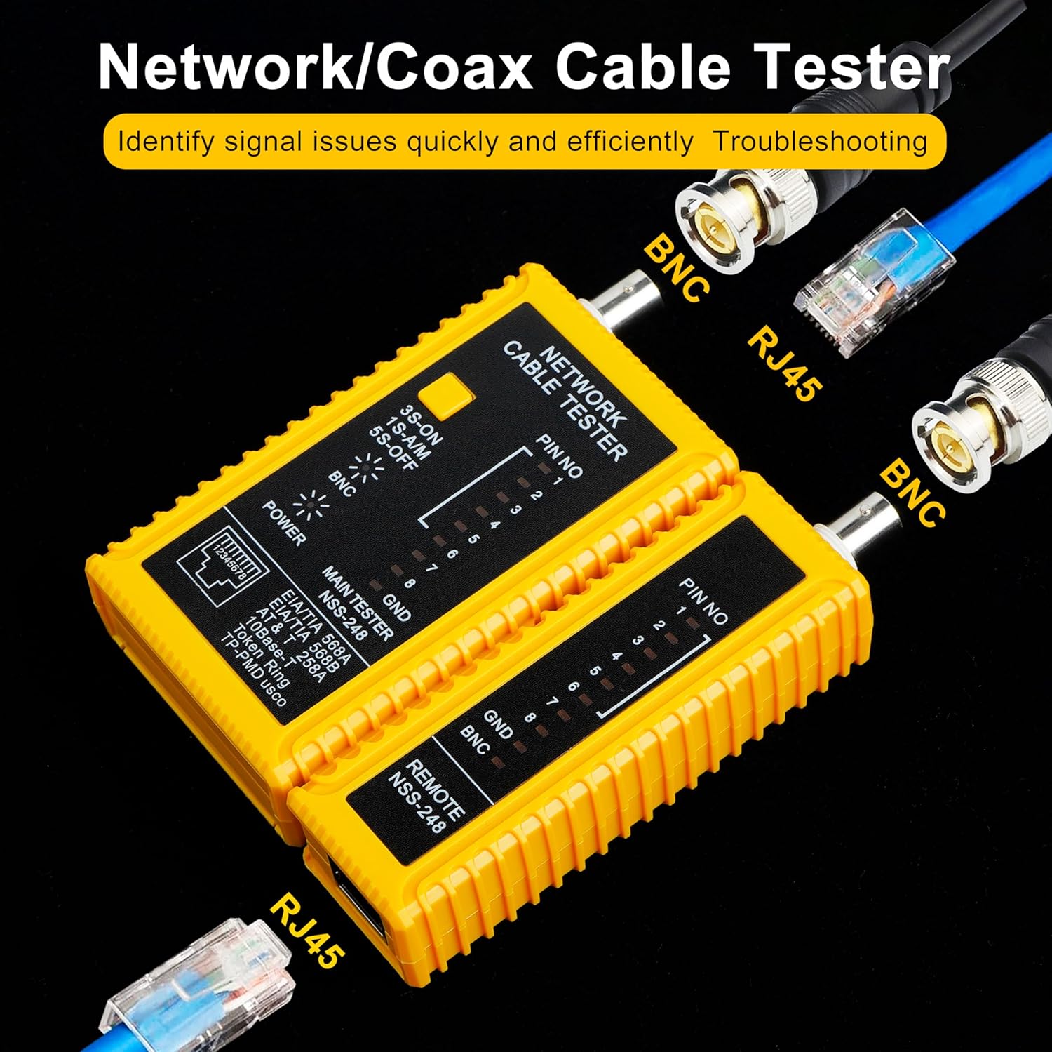 Treedix Network Cable Tester connected to both RJ45 and BNC cables for testing