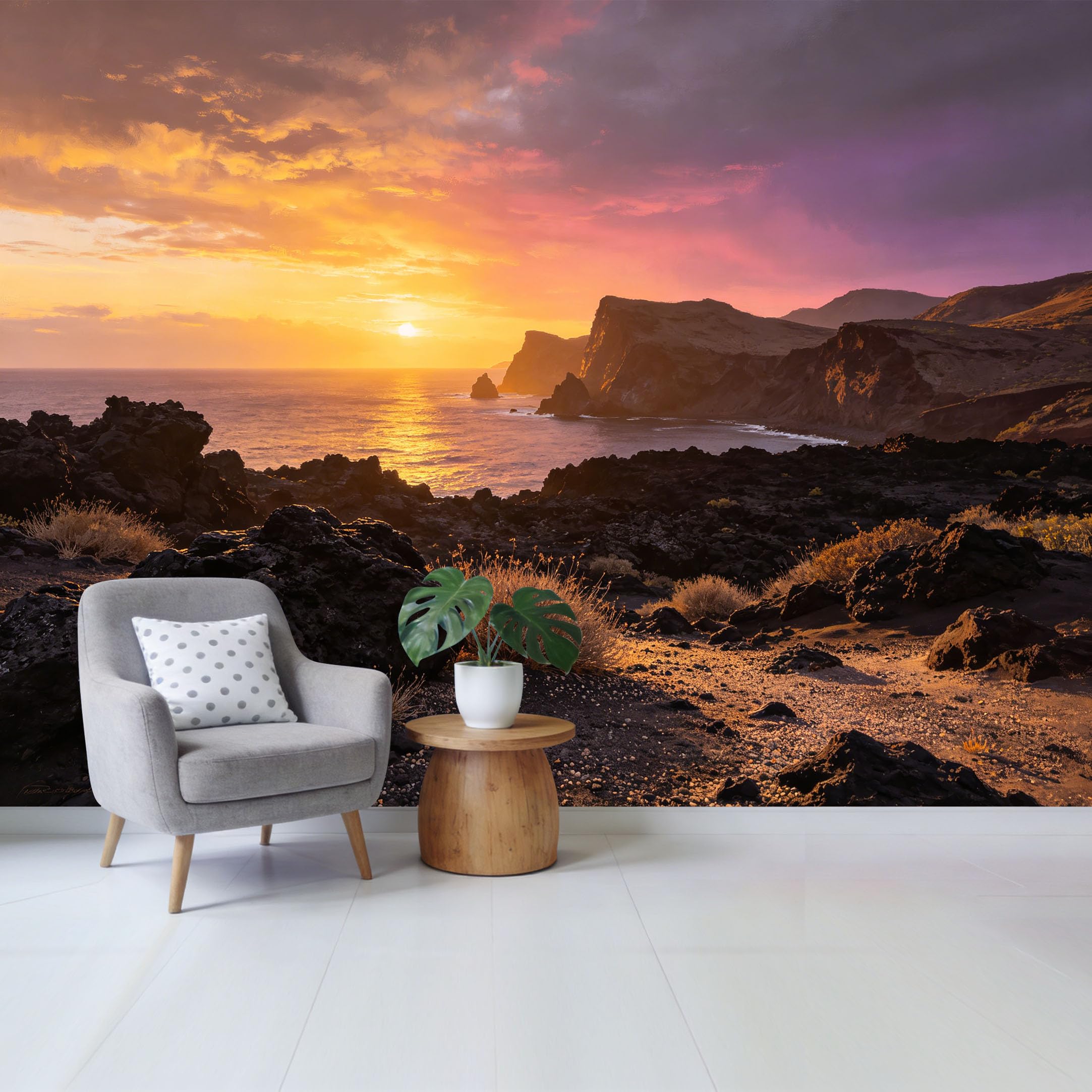 Custom Size Wall Mural Sunset Coastal Landscape Rocky Shore Golden Horizon Removable Self Adhesive Fabric Home Wall Decor for Living Room Bedroom Bathroom