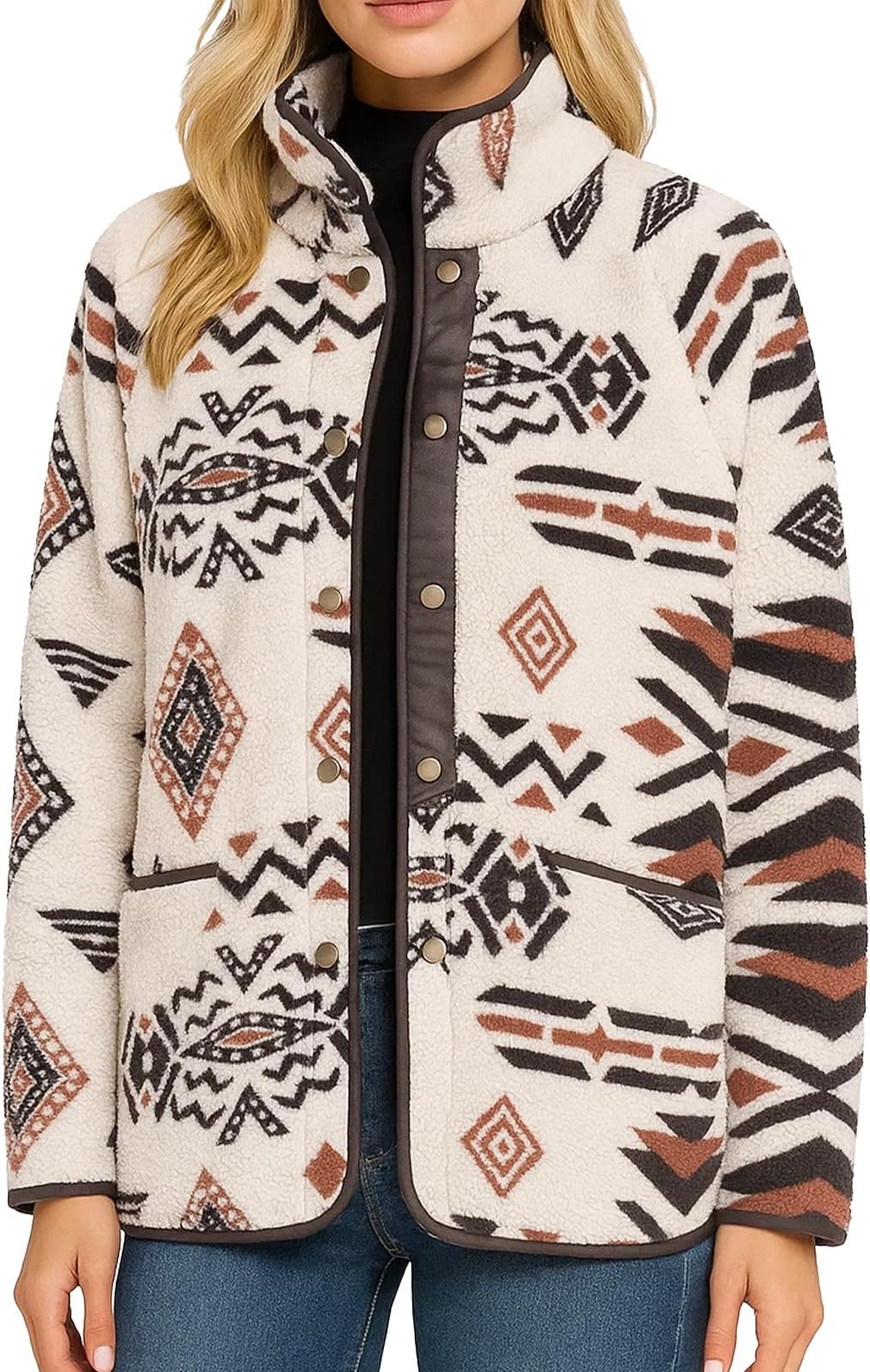 Women's Casual Fleece Jacket Coat Western Aztec Print Snap Button Down Jacket with Pockets Outerwear