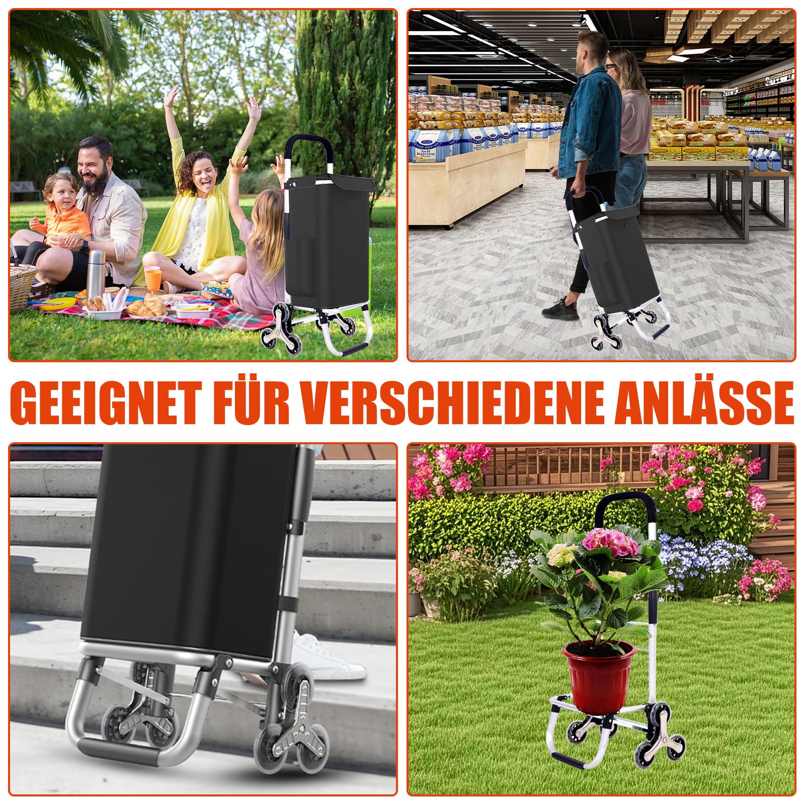 Einkaufstrolley Klappbar, 2 in1 Trolley zum Einkaufen, bis 50 kg, 56 l Kiste | Einkaufstasche mit 6 Rollen | Klappbarer Shopper | Klappbar Tasche abnehmbar | Einkaufsroller, Handwagen | Schwarz