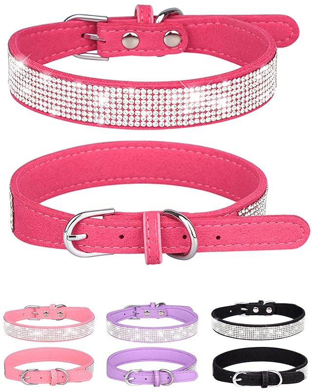 Coleira para Cães e Gatos com Strass, Couro e Camurça Ajustável SOLMOONY XS, Rose Red1
