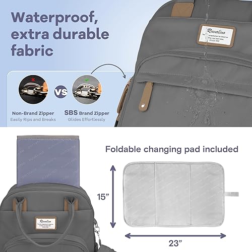 Miniatura 7 de RUVALINO Mochila para pañales, mochila de viaje multifunción, bolsa de maternidad para bebé, gran capacidad, impermeable y elegante, gris hierro