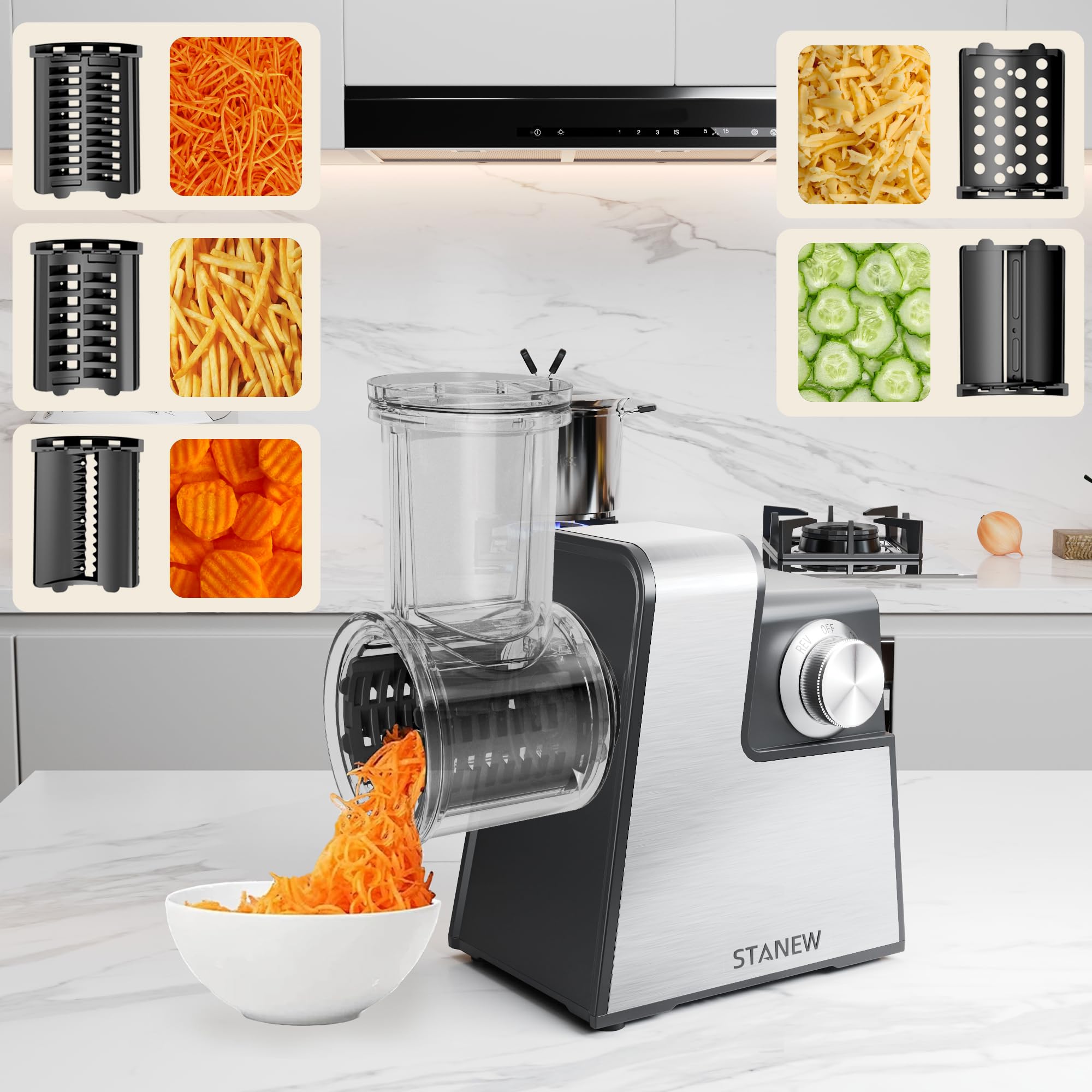 Tritacarne Elettrico STANEW 2500W - Robot da Cucina con 5 Lame Professionali (Taglio Onda/Grattugia) + Accessori Salsiccia/Biscotti, Design Compatto per Carne, Verdure e Formaggio