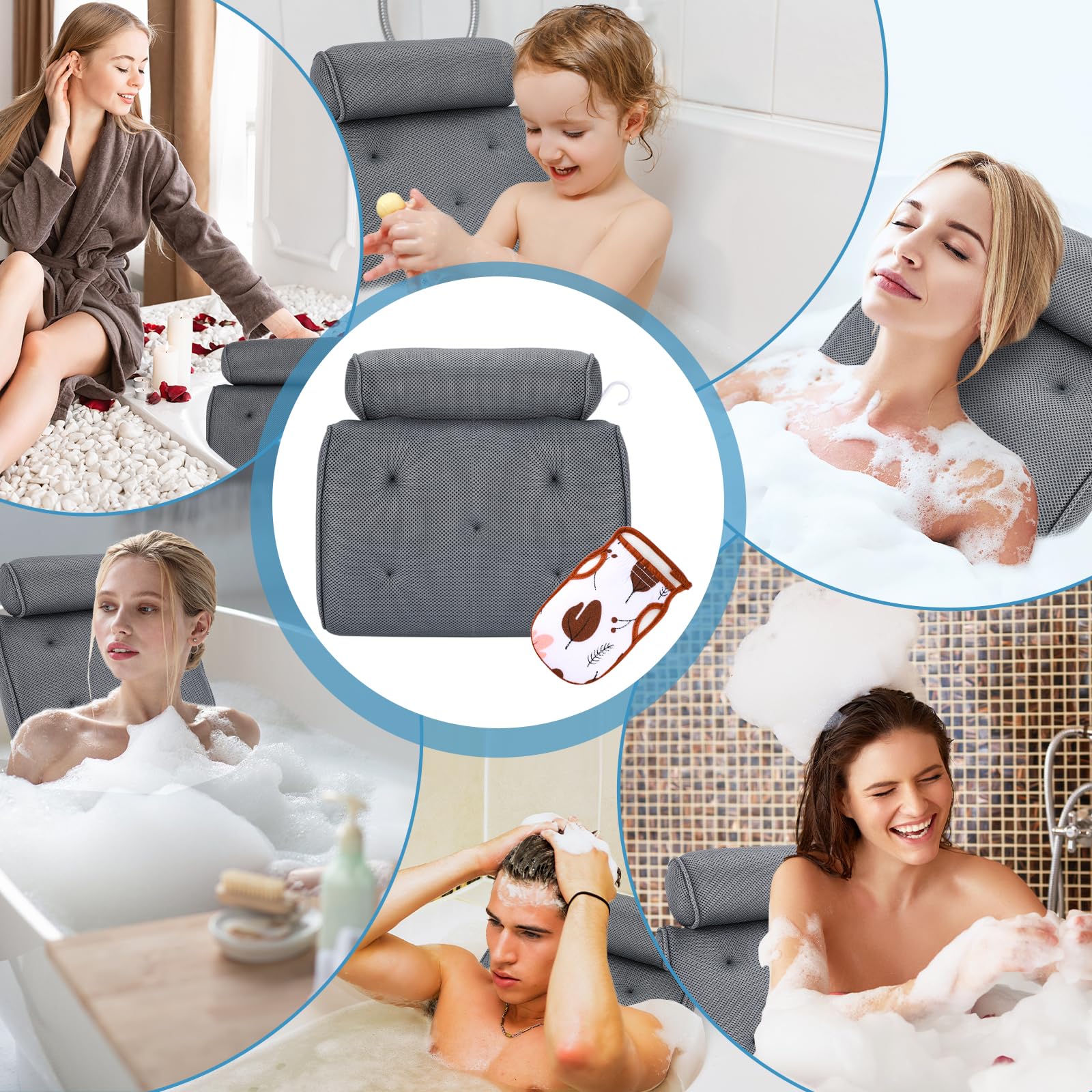 Poduszka do wanny na plecy i kark, ergonomiczna, antypoślizgowa poduszka do wanny z siatką 4D Air Mesh i 5 kubkami, do domu i spa (z rękawicami kąpielowymi)
