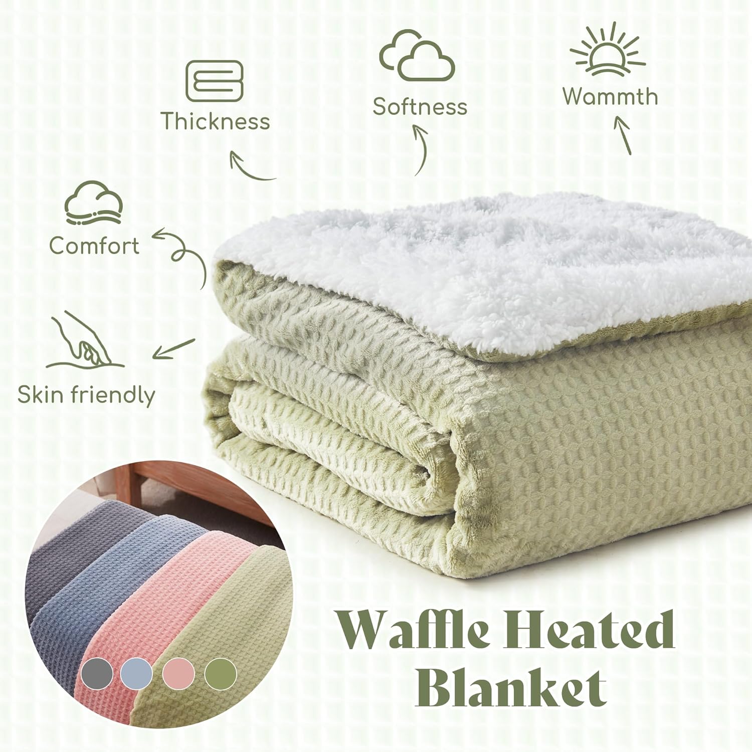 Heated Blanket Throw Size - Waffle Heating Blanket Fast Warming with 6 Heat Settings & 4 Hours Auto-Off, 50"x60", Sage Green - Image 2
