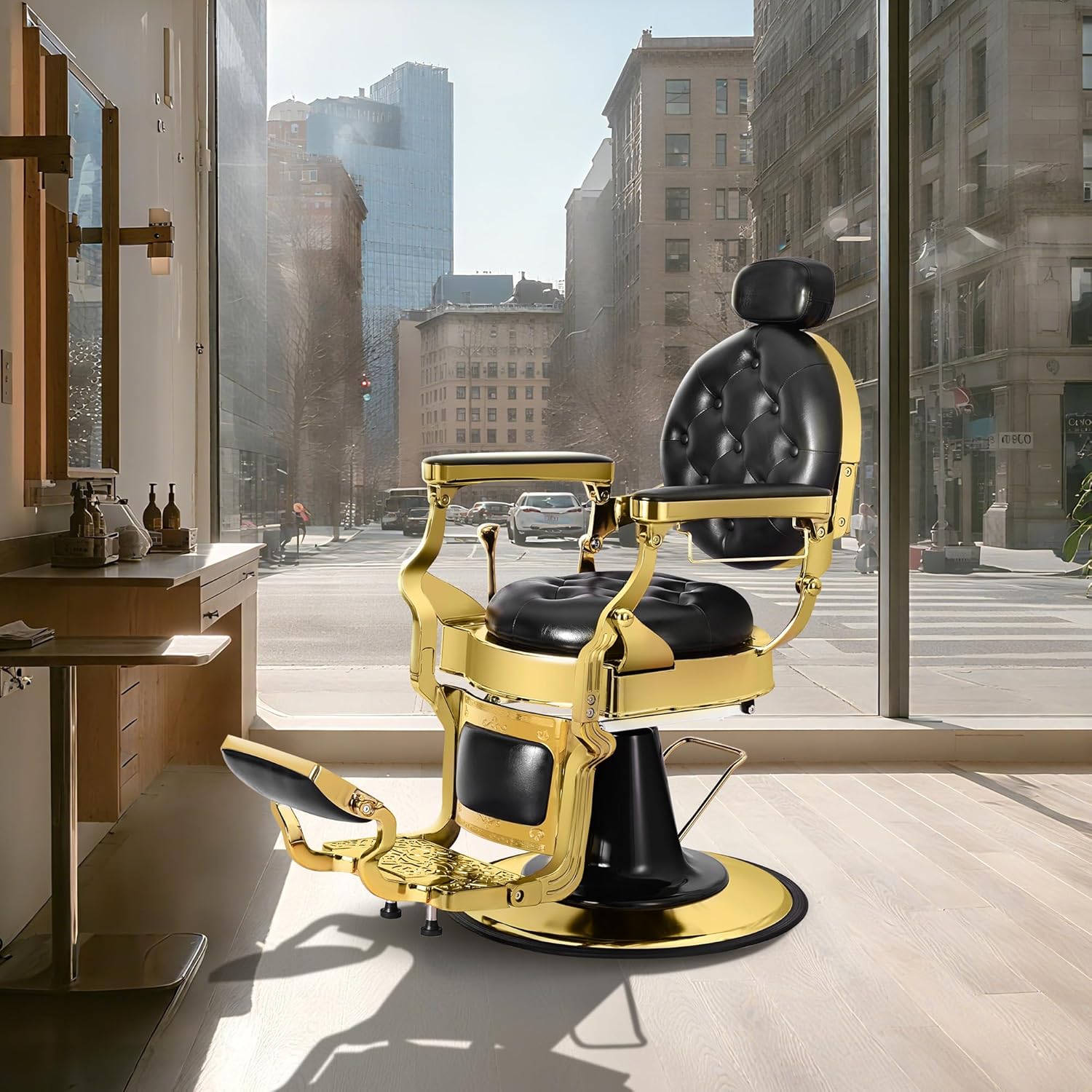 Black Gold Barber Chair, Reclining Salon Chair Vintage Hair Salon Chair Hair Stylist, Hydraulic All Purpose for Barbershop, Classic Tattoo Massage Beauty Spa Equipment
