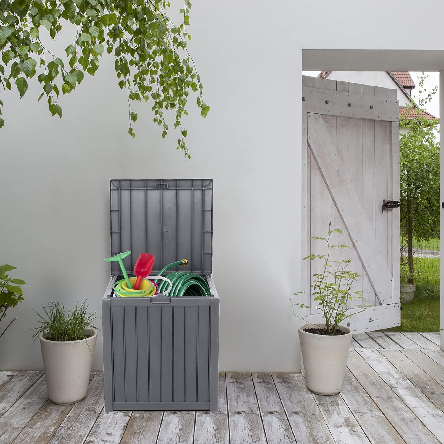 VINGLI 51 Gallon Medium Deck Box Organization, Resin Storage Box for Patio Furniture or Tools, Indoor & Outdoor Lockable Container Box for Garden, Pool, Yard, Porch and Balcony (Grey)