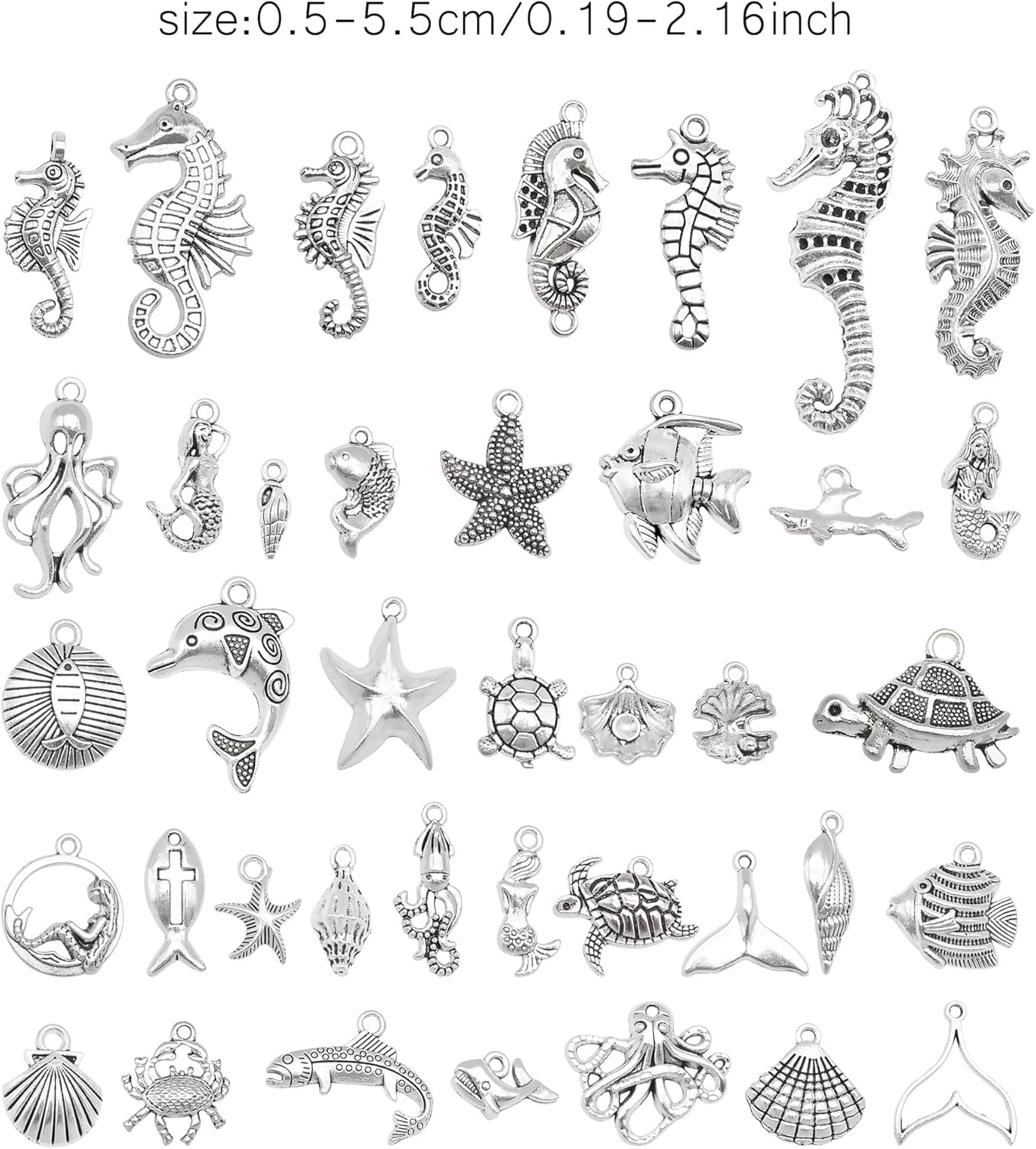 Julie Wang 90PCS Antique Silver Alloy Ocean Pendants Mermaid Tail Seahorses Shell Starfish Mixed Charms for Necklace, Bracelet Summer Beach Jewelry DIY, Nautical Themed Craft Supplies - Image 4