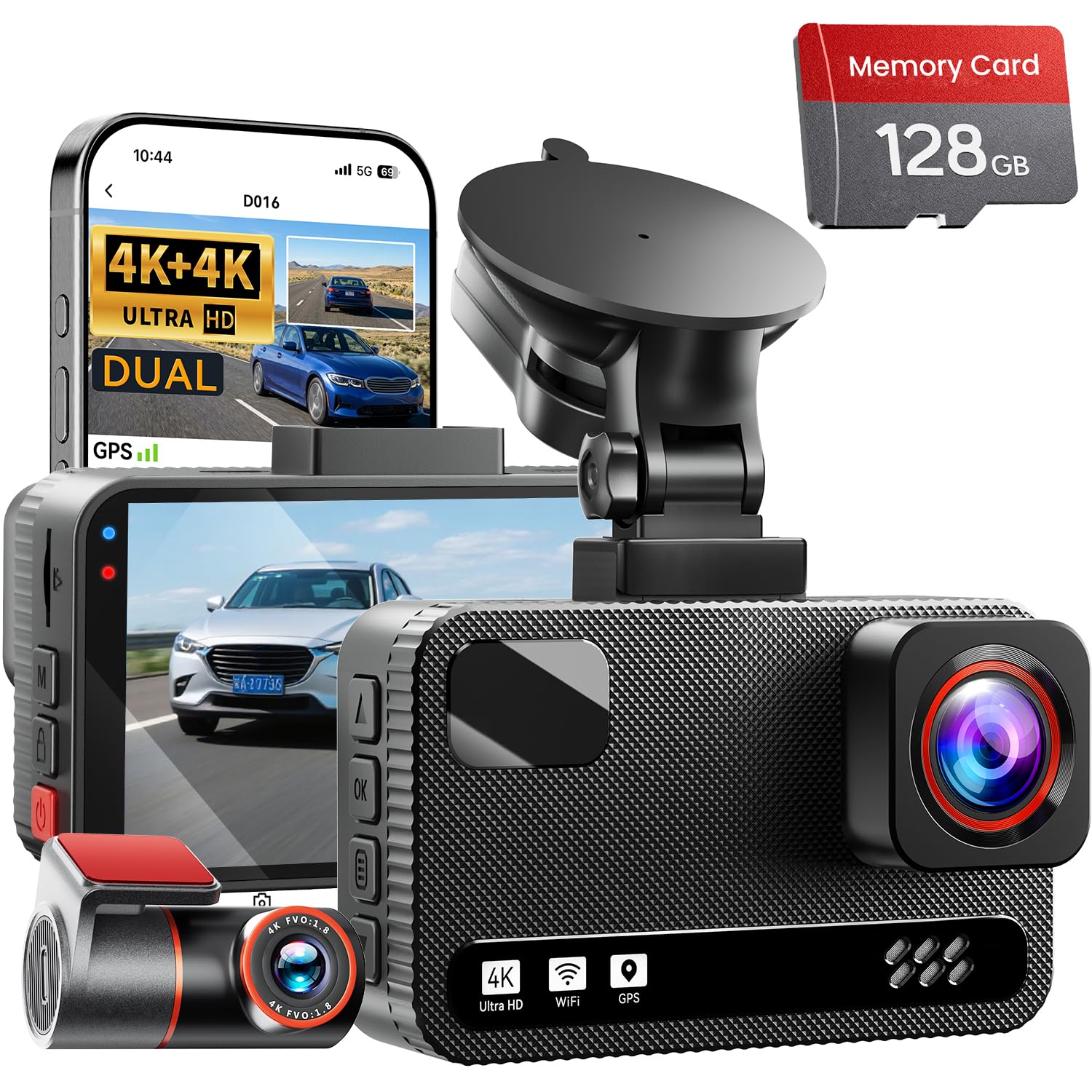 4K+4K Dual Dash Cam Front and Rear, Free 128GB Card, Starlight Night Vision