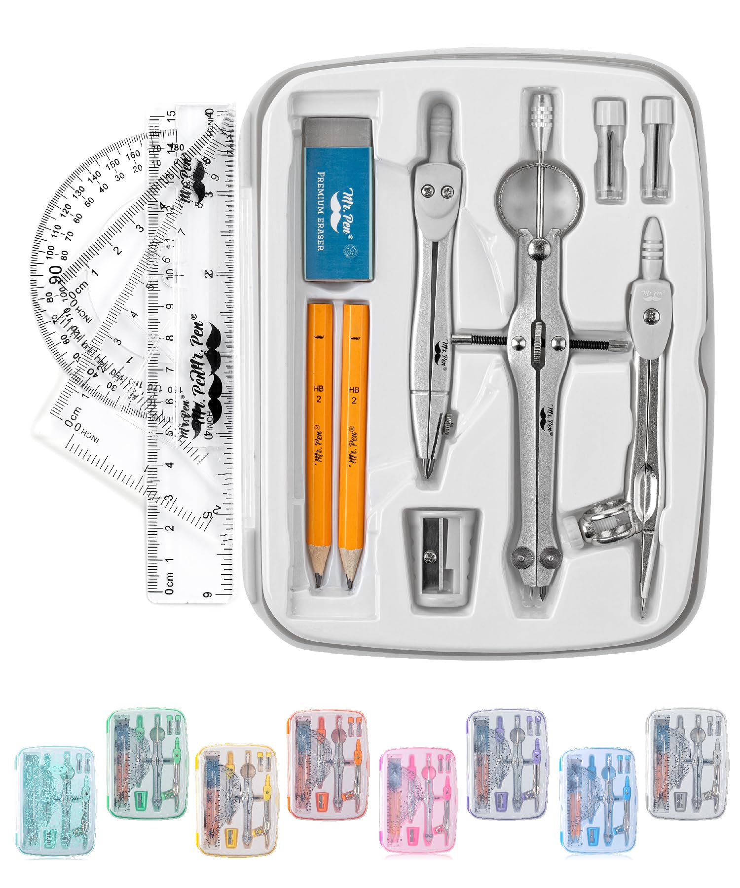 Mr. Pen- Geometry Set, 13 pcs, Compass for Geometry Compass, Geometry Kit Set with Shatterproof Storage Box, Math Compass, Geometry Set for School, Compass Math, Protractor and Compass Set, Grey