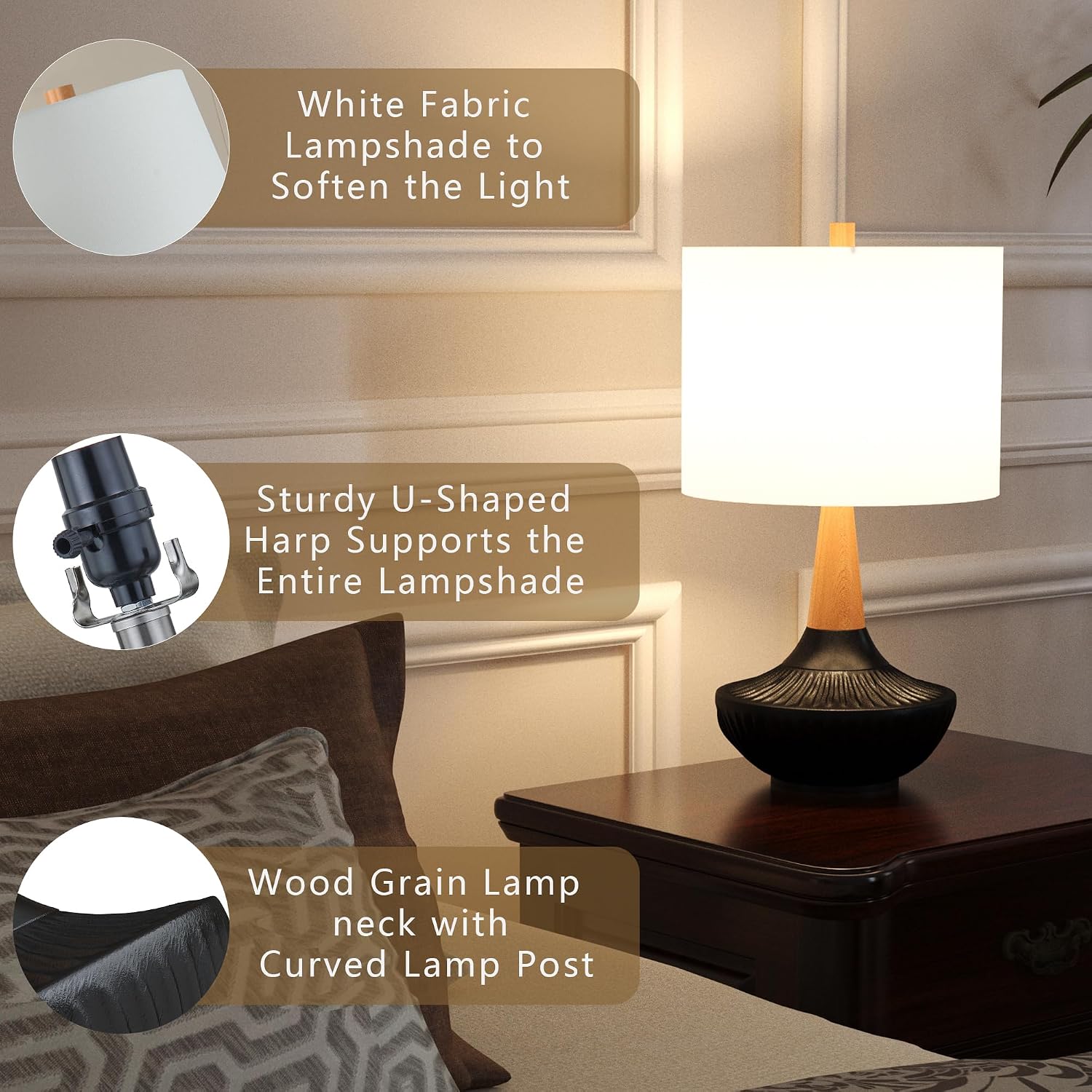 Maxax 23" Black Table Lamp for Living Room, Farmhouse Rustic Ceramic Bedside Lamp for Nightstand, Black Bderoom Lamp with White Shade Wood Decor for End Table, Entryway, Office, ETL Listed