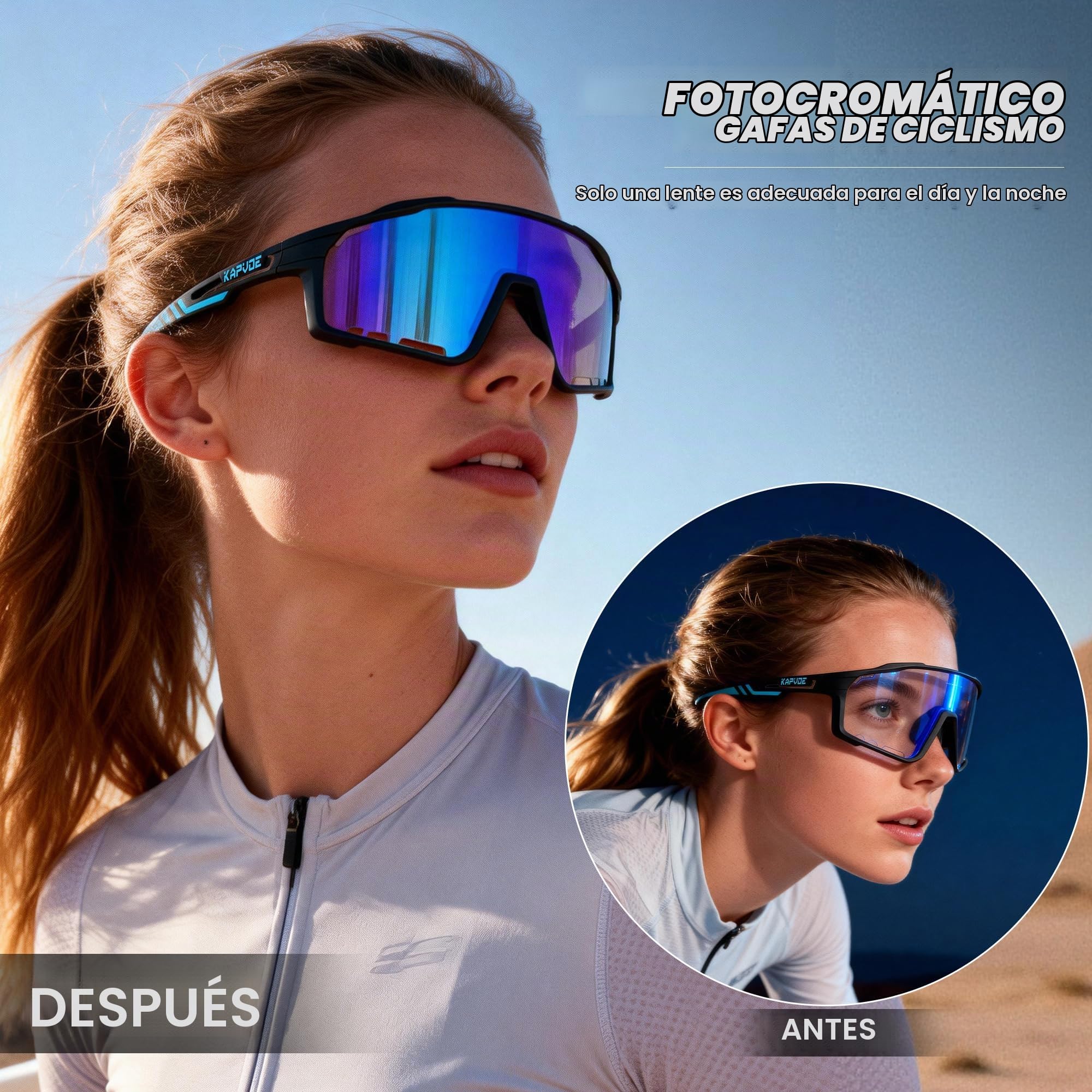KAPVOE Gafas de Ciclismo Hombre Mujer K76 | Montura TR90, almohadilla nasal ajustable para ciclismo.