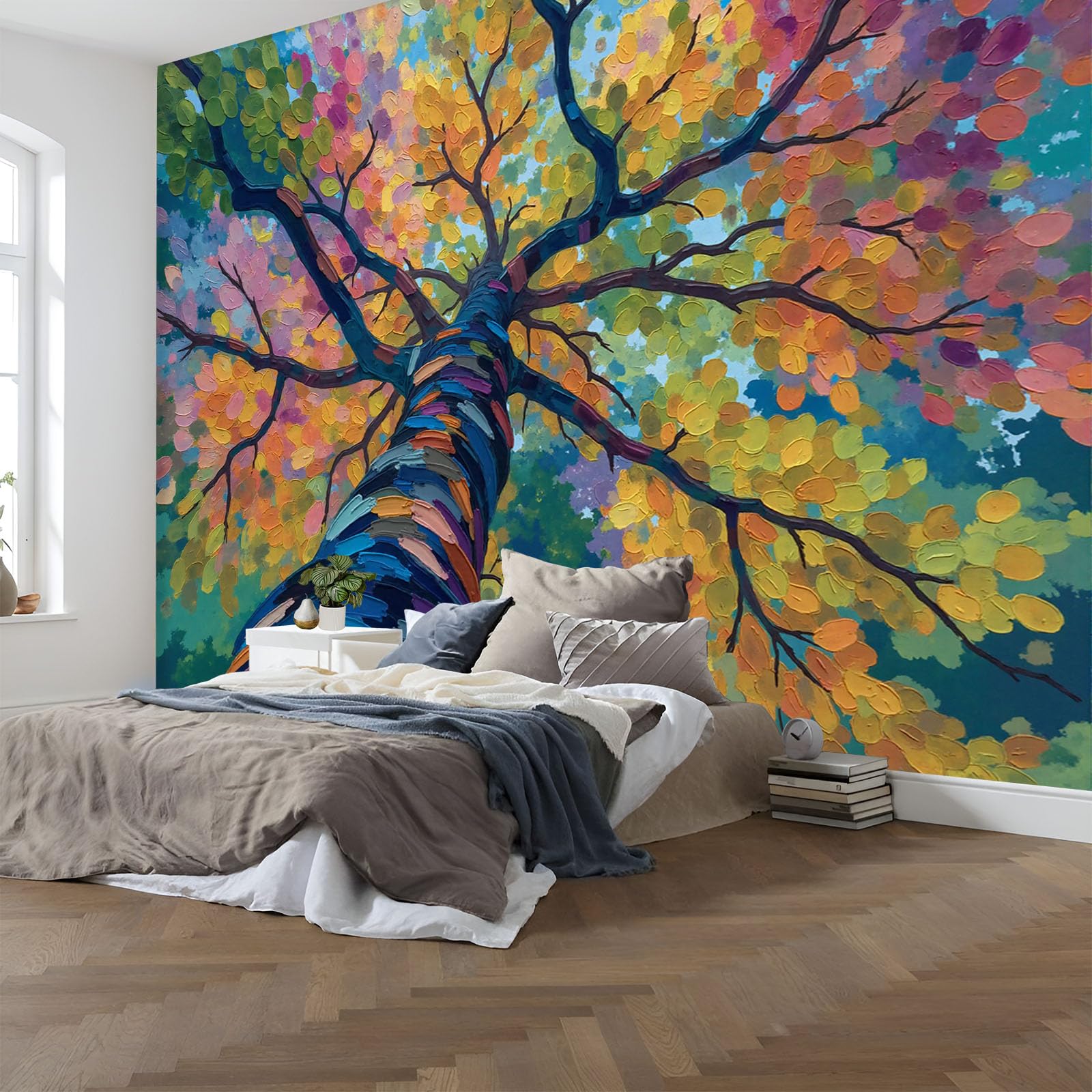 Papier Peint Style Peinture à l'Huile Épaisse Forêt Orange Brûlé
