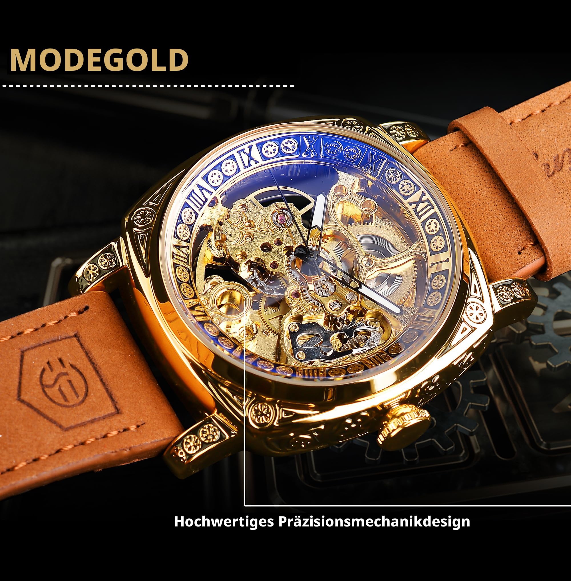 FORSINING Fancy Uhren für Männer, quadratische Retro mechanische Uhr Self-Wind geschnitzt, Gear Uhrwerk Golden Skelett Luxus Automatische Uhren Vintage Lederarmband Armbanduhr