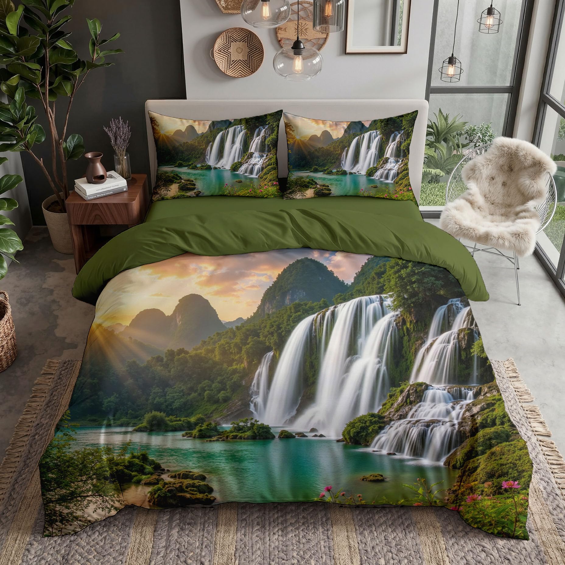Parure de lit réversible 140x200 décor nature avec taie d'oreiller zip