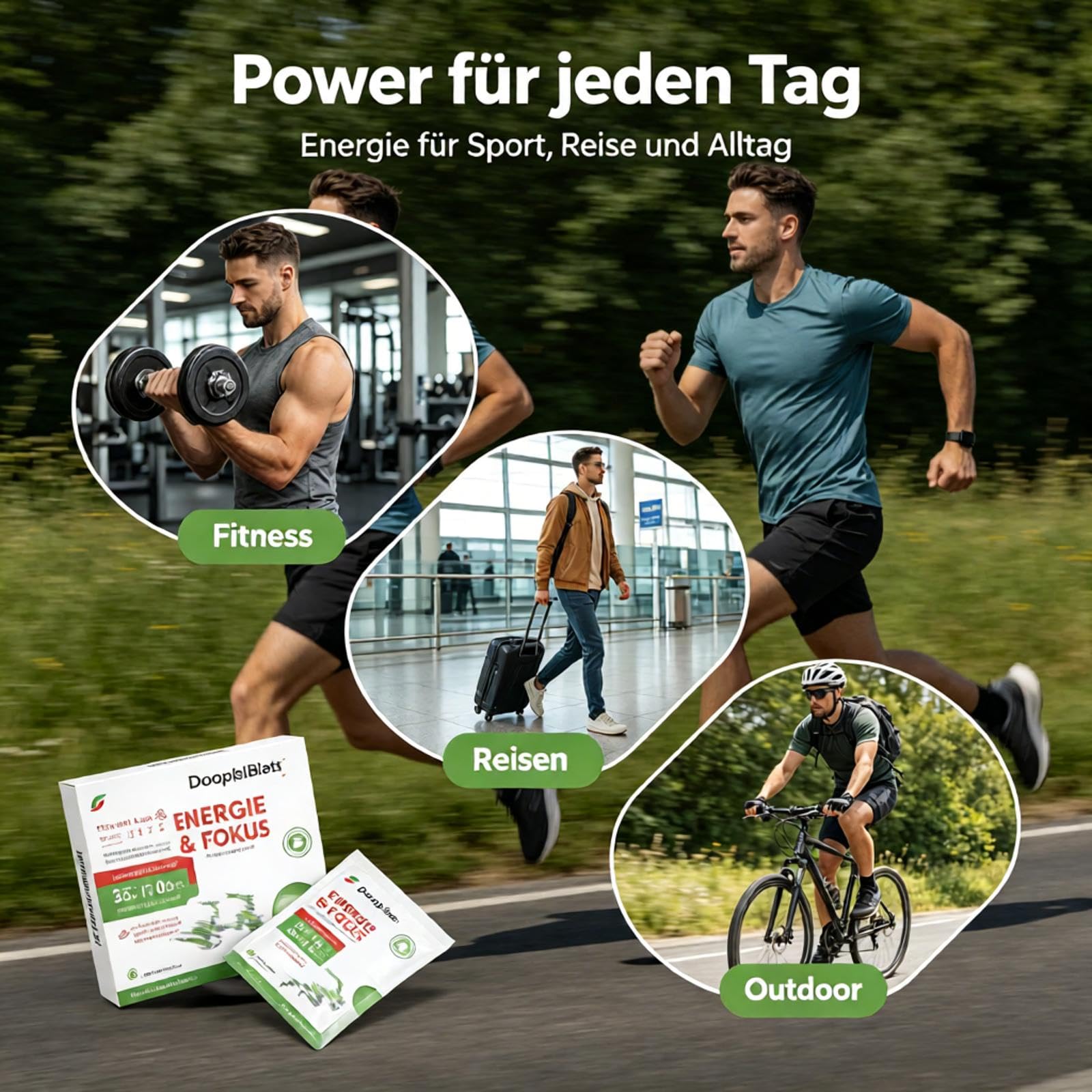 DoppelBlatt ENERGIE Mundlösliche Energie-Streifen mit Koffein, L-Theanin & B-Vitaminen, ohne Wasser für Sport, Büro und unterwegs, Zuckerfrei, Vegan, 20 Streifen（HC001-ENERGIE & FOKUS）