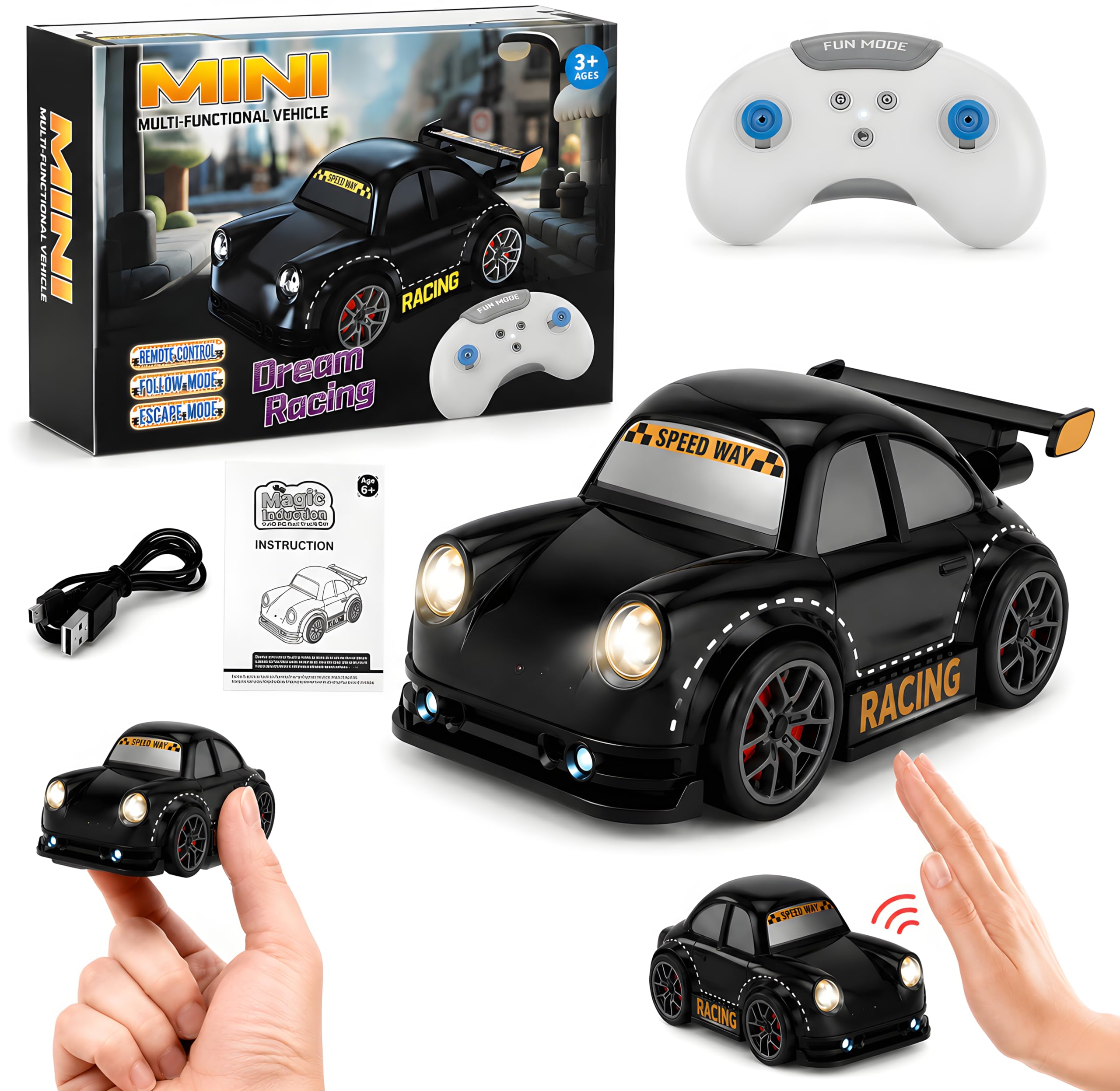 Cable World 360° RC Drift Car for Kids with Remote Control, Automatic One-Click Drift, Follow Mode, Escape Mode, LED Lights & Sound, Rechargeable Racing, Sensor Control Toy Car for Kids - Black-image-29