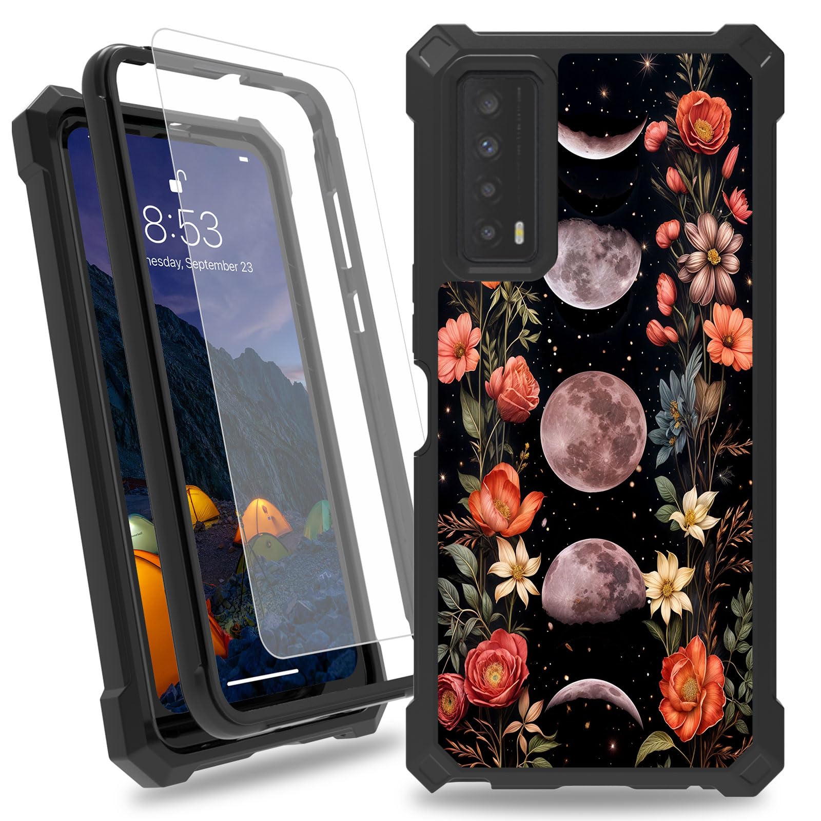 CAPAUNVDA for TCL Stylus 5G 2022 Case,Heavy Duty Dual Layer Slim Shockproof Black Cover with Tempered Glass Screen Protector for Women Man，Moon in