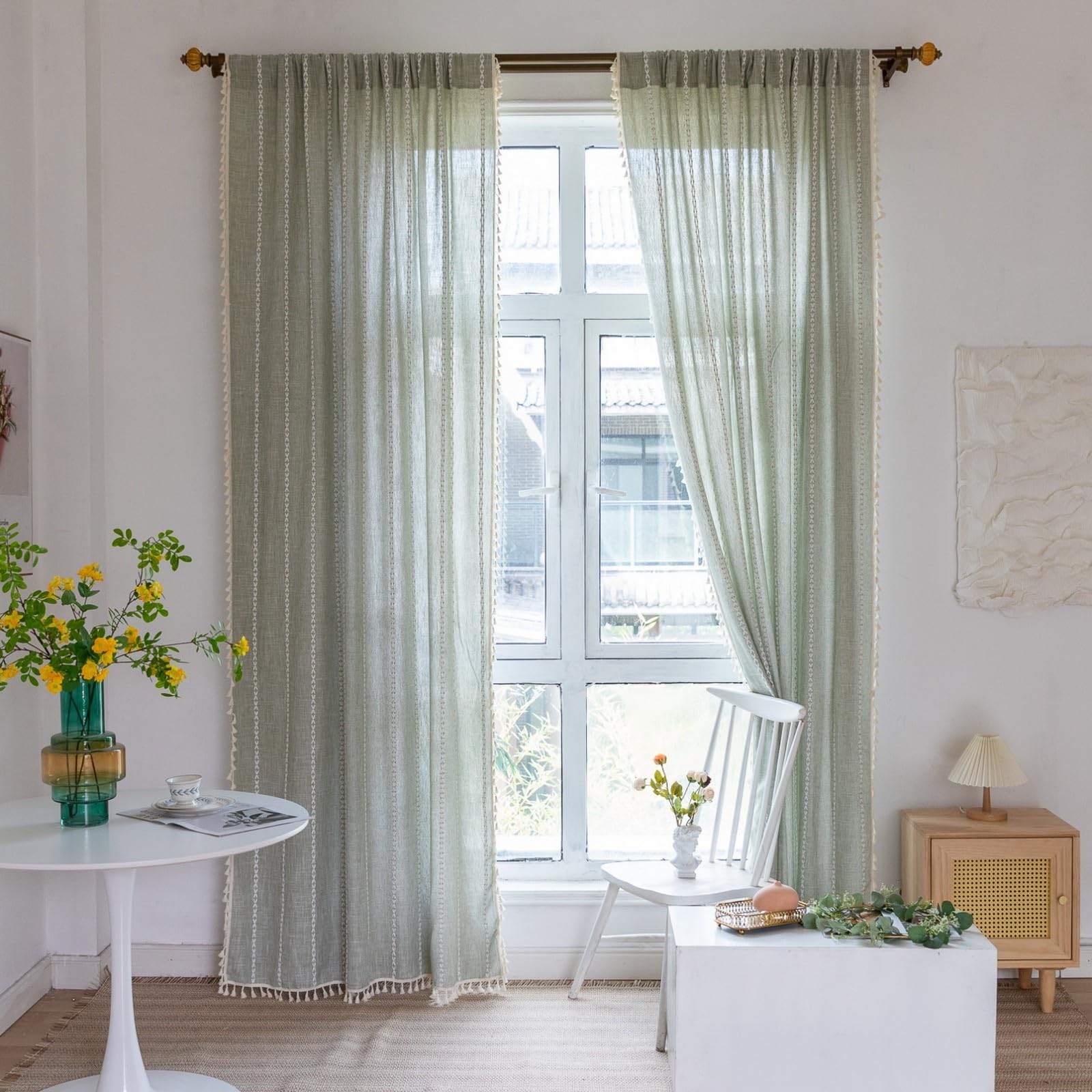 A.Monamour Tenda Interni Traslucido Semi Oscurante Boho Decorativo con Nappe a Righe Effetto Lino Tessuto Spesso Tende a Pannello Porta Finestra per Camera da Letto Soggiorno Cucina, 1 Pezzo, verde