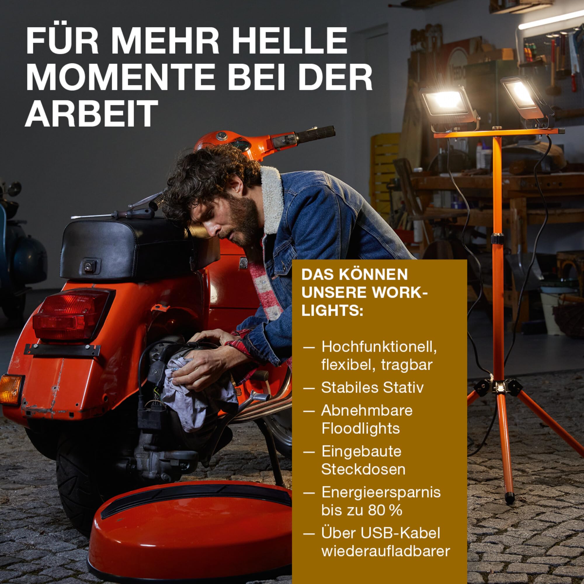 LEDVANCE Worklight LED Tripod - Arbeitslicht mit Stativ, zentraler Fluter mit 30W und zwei abnehmbaren Akku Strahlern 5W, IP54, 3280 Lumen, 4000K kaltweiß, Rotationswinkel 360°