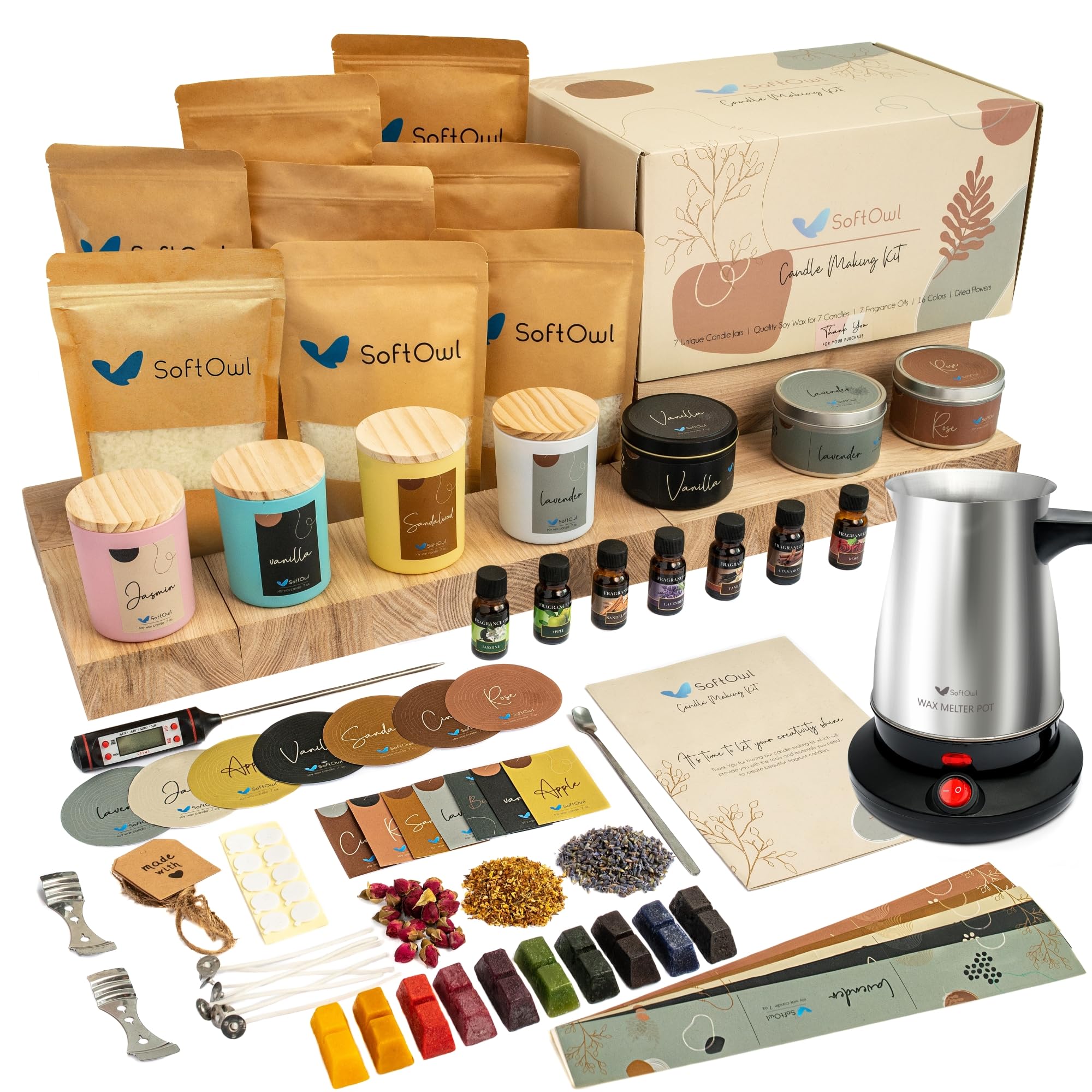 SoftOwl Premium Soy Candle Making Kit with Electric Melt, Soy Wax, Large 7oz Jars & Tins, 7 Pleasant Scents, Color Dyes and More - Perfect for Home Decor