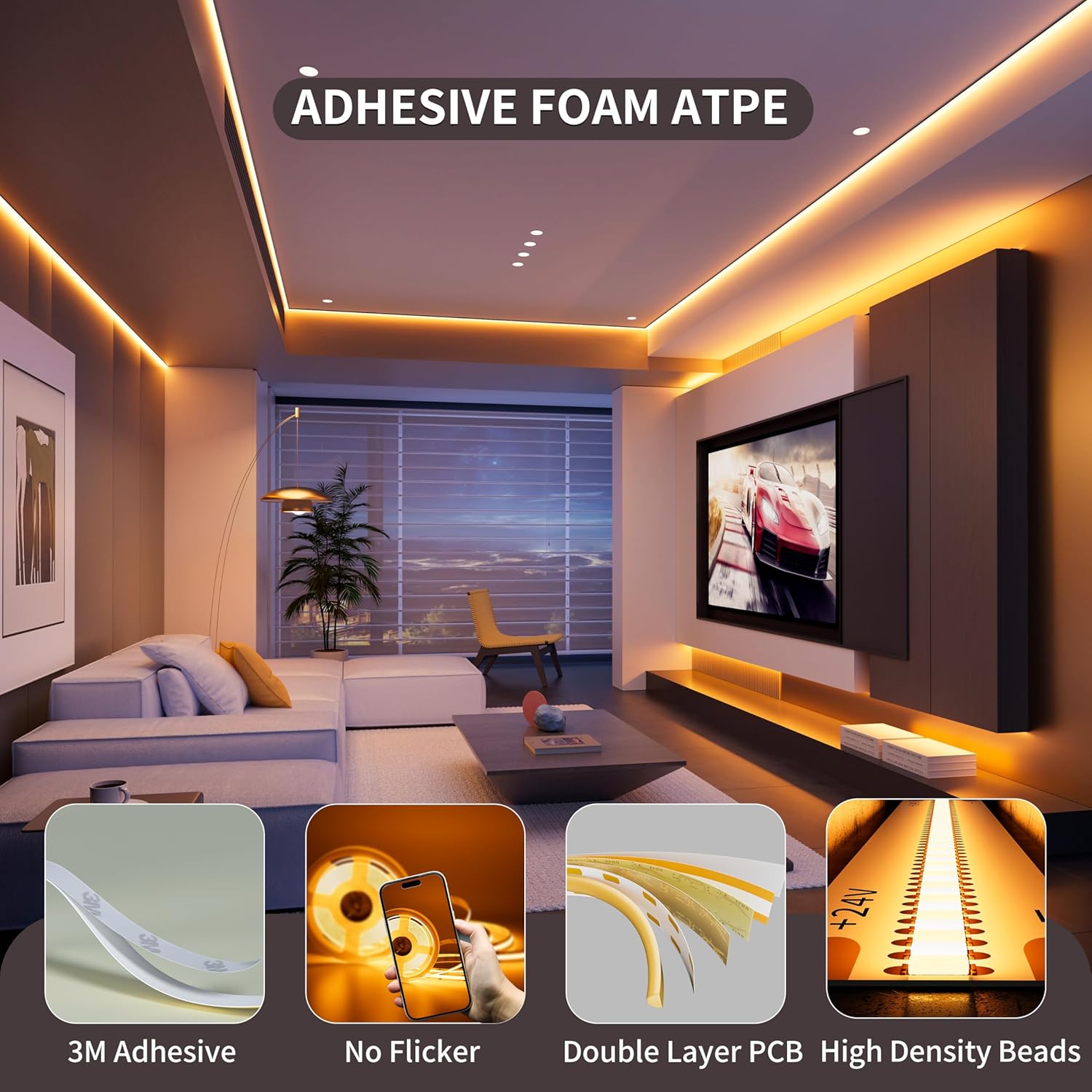 PAUTIX COB LED Strip Light,Amber LED Strip Lights 2000K,DC24V Dimmable 20ft/6.1m High Lumen Tape Light Kit for Cabinet,Painting,Bedroom,Kitchen,with RF Remote Timer Function