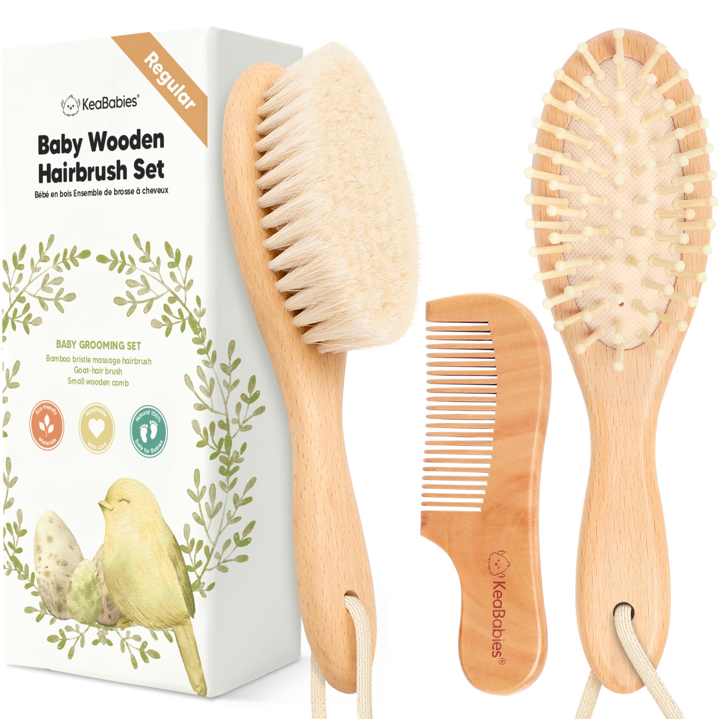 Baby Hair Brush Set for Newborns - Soft Goat Bristle Wooden Baby Brush and Comb Set Newborn Grooming