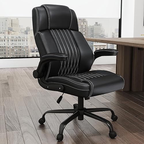Silla de oficina ejecutiva con soporte lumbar, sillas de escritorio ergonómicas de cuero con respaldo alto para computadora con brazos abatibles,