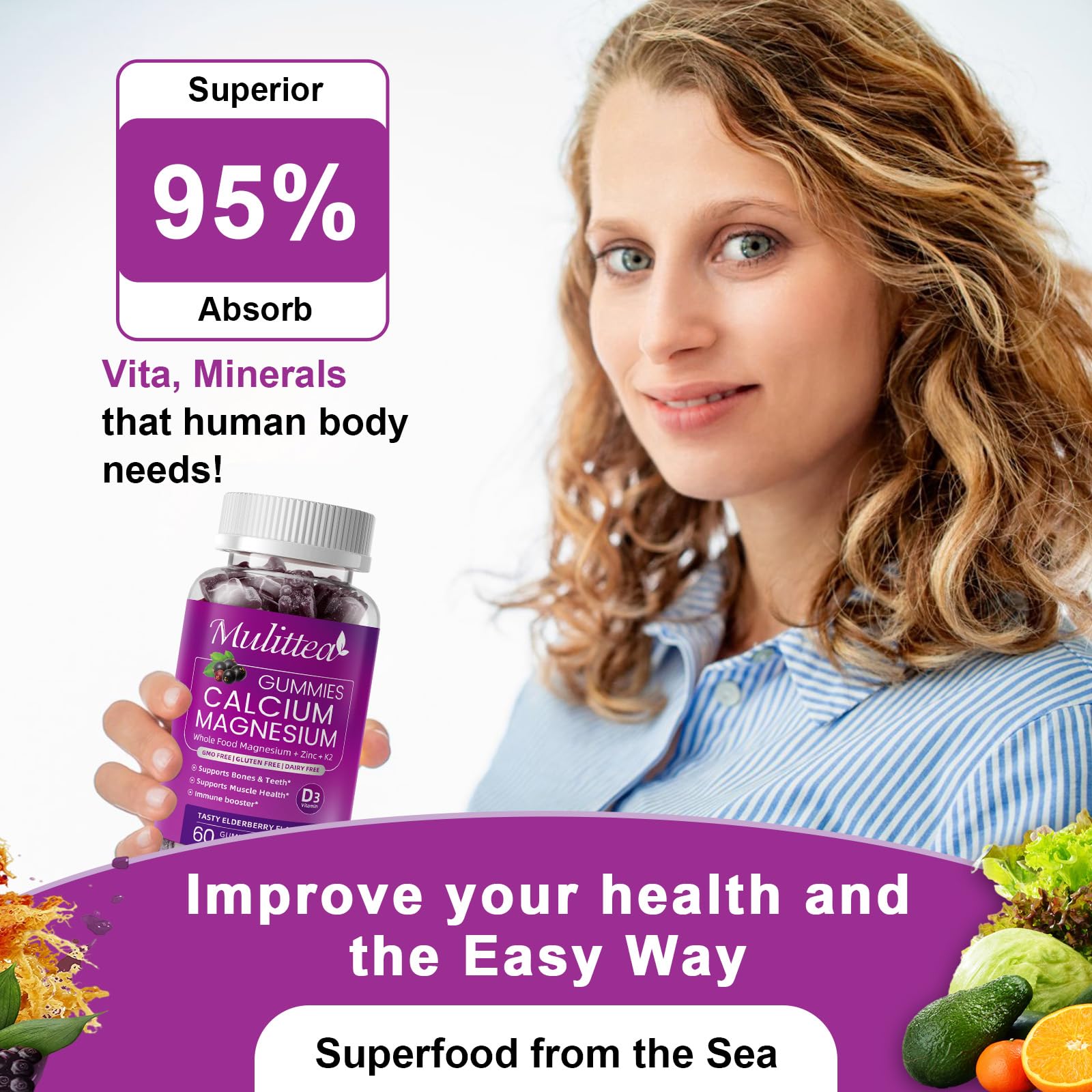 Plant Based Calcium Supplement with Vitamin D3,K2 Gummy for Bone Strength, Contains Whole Food Natural Minerals-Bone Health, Calm Mood & Sleep Support for Women & Men (2 Pack) — Amazon image 3