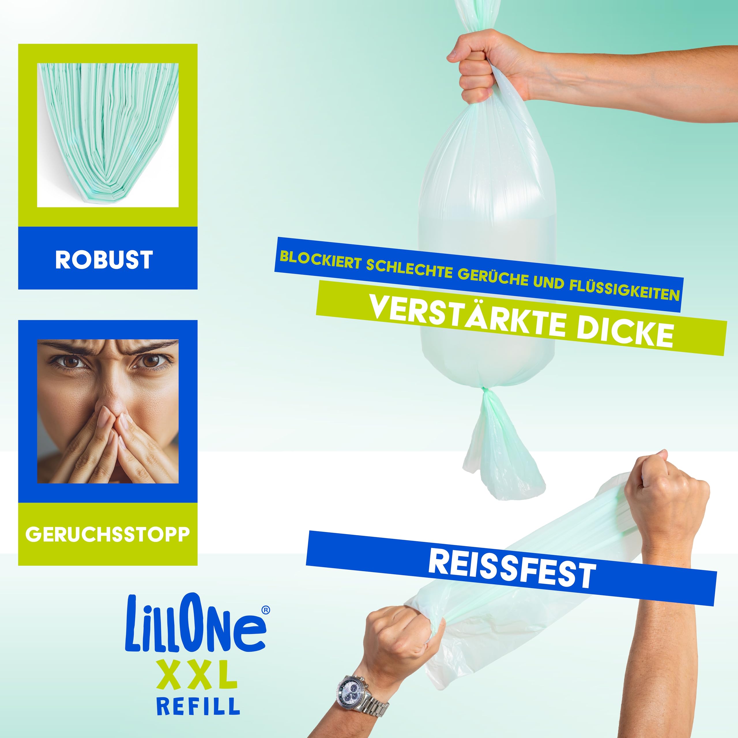 LillOne 12 XXL-Nachfüllungen Extra Lang 10,5 m für Windeleimer – Universell kompatibel mit Tommee Tippee, Munchkin, Angelcare, LitterLocker und anderen – Dickere Folie mit Geruchskontrolle