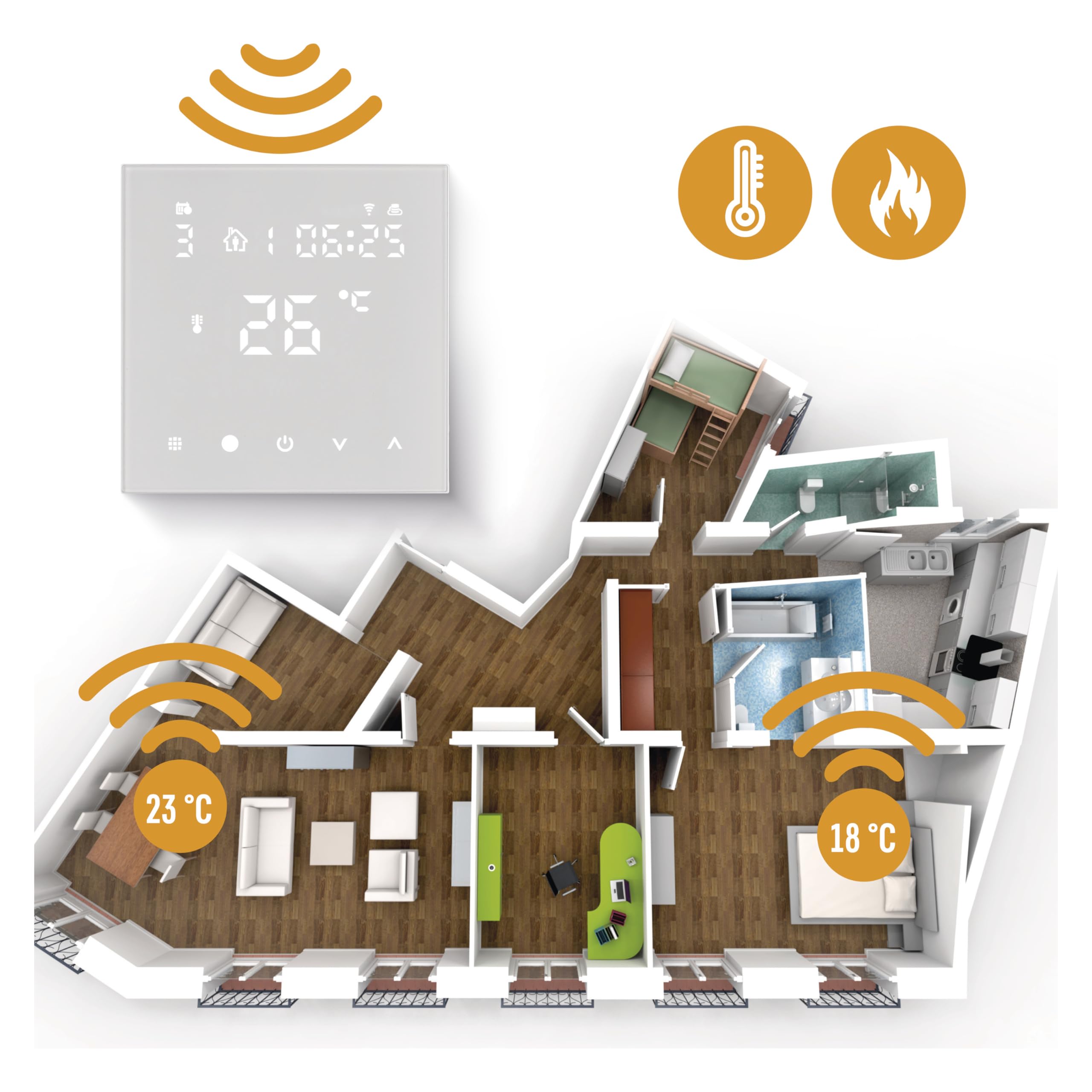 EMOS GoSmart - Termostato para calefacción por suelo radiante con aplicación, termostato inteligente programable, incluye sensor de suelo, histéresis ajustable, compatible con Tuya, Smart Life, Alexa,